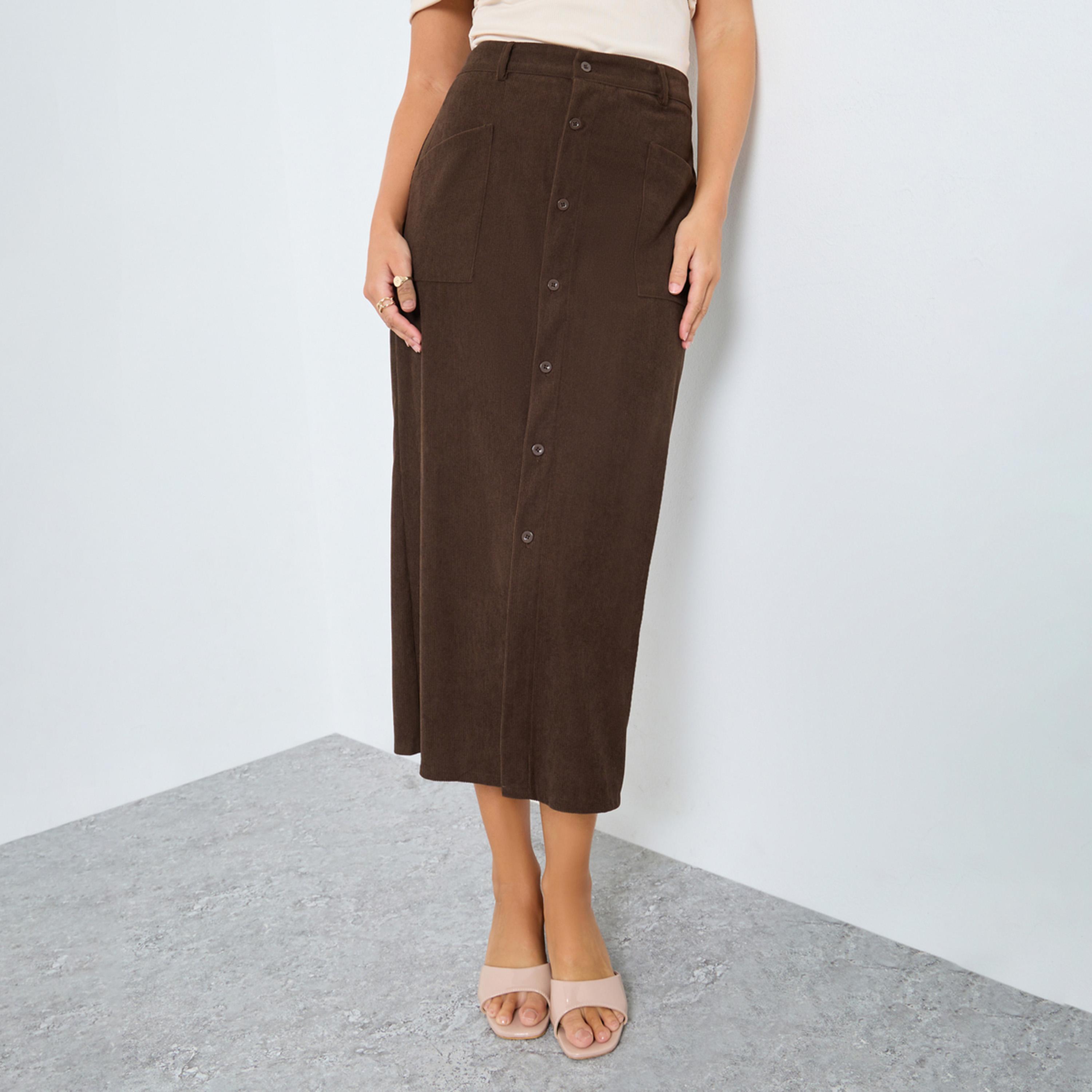 ستايلي - تنورة متوسطة الطول من قماش مخملي بني مع أزرار أمامية-women-clothing-bottoms-skirts-image-1