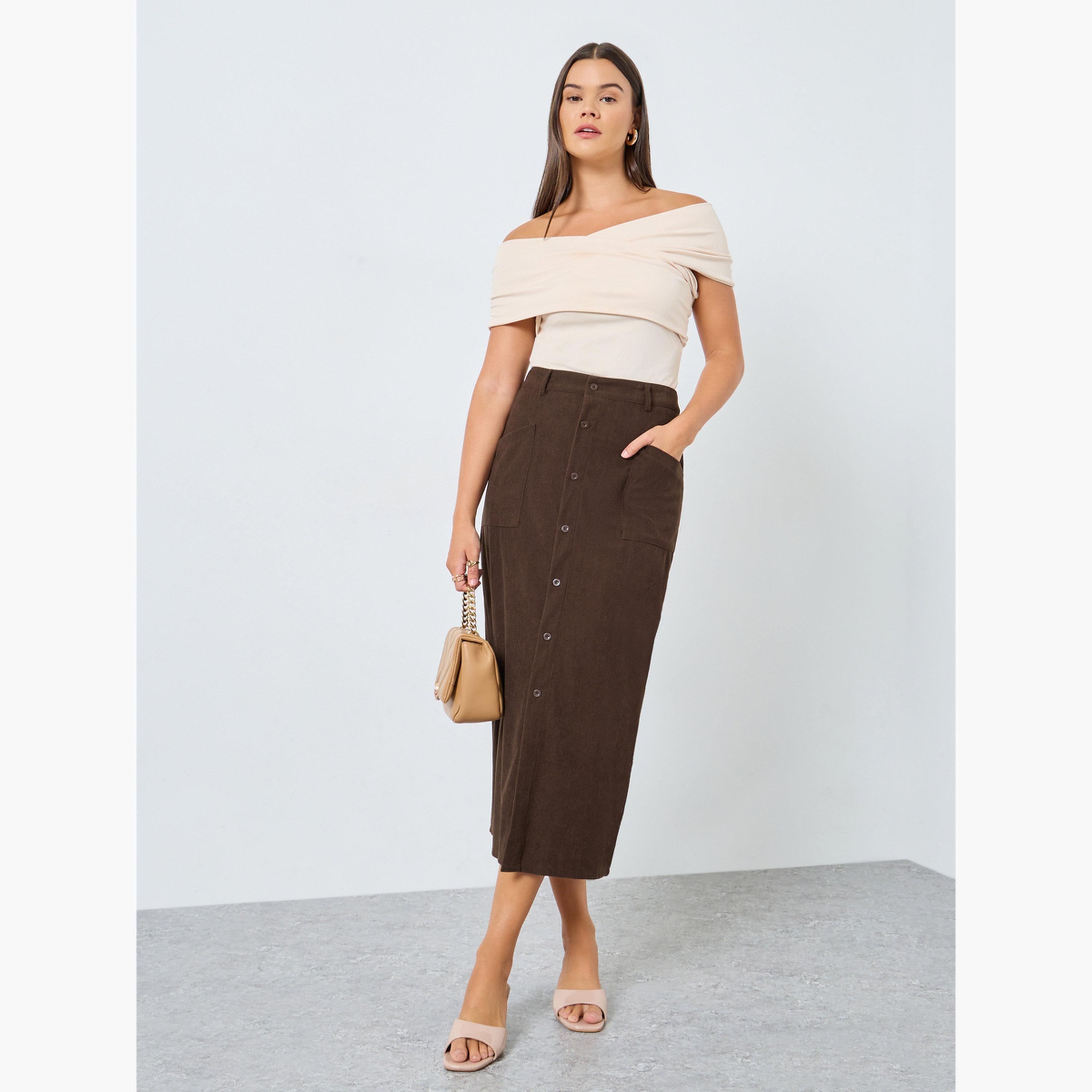 Styli Brown Corduroy A-Line Midi Skirt with Button Front-women-clothing-bottoms-skirts-image-2
