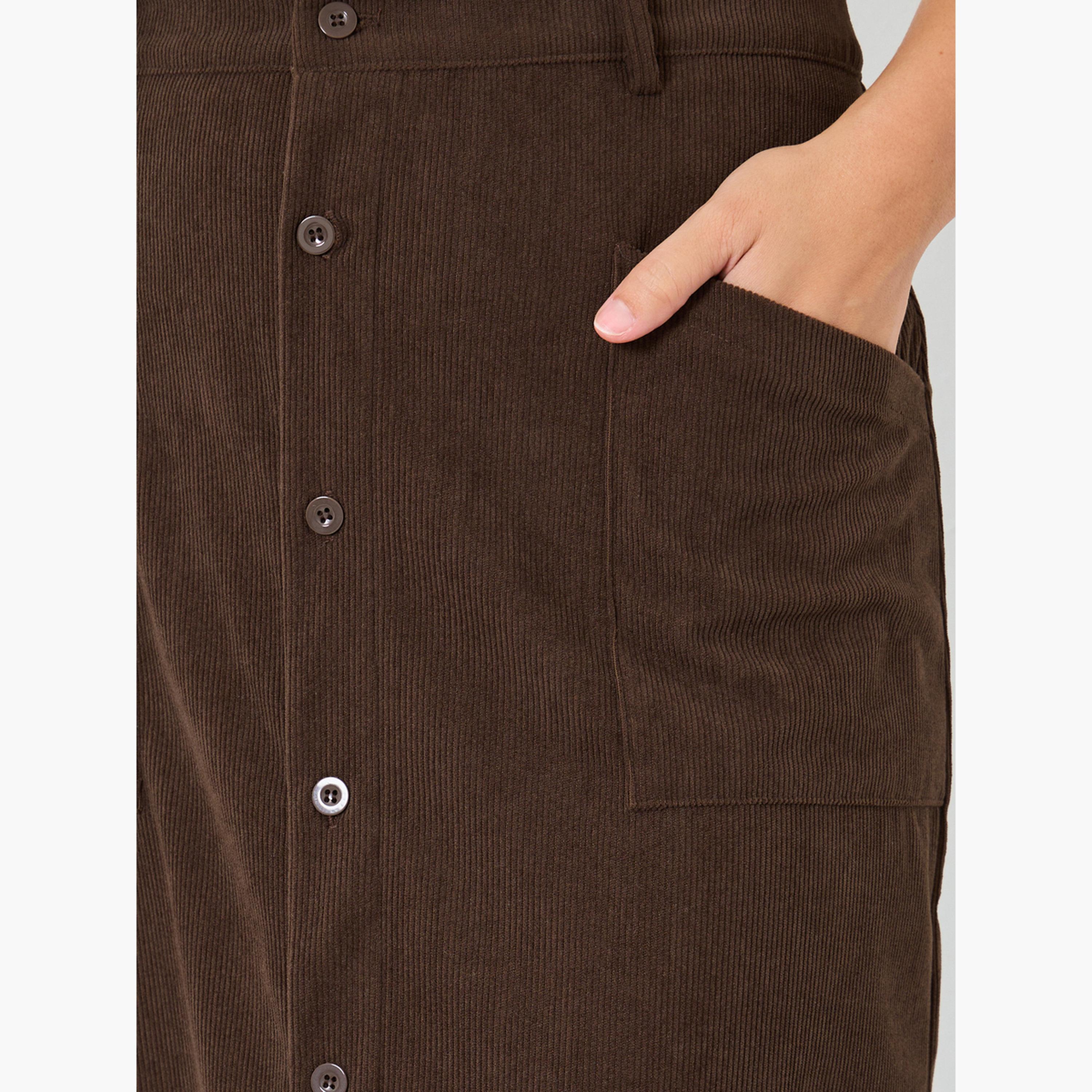 Styli Brown Corduroy A-Line Midi Skirt with Button Front-women-clothing-bottoms-skirts-image-3