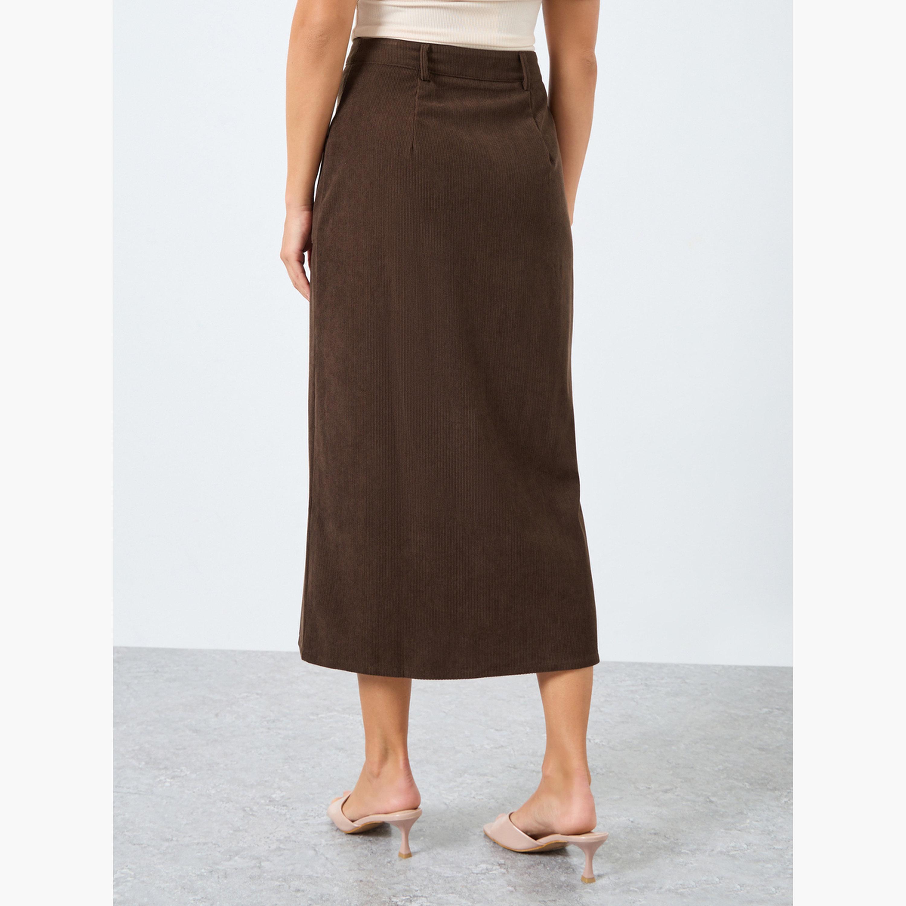 Styli Brown Corduroy A-Line Midi Skirt with Button Front-women-clothing-bottoms-skirts-image-4