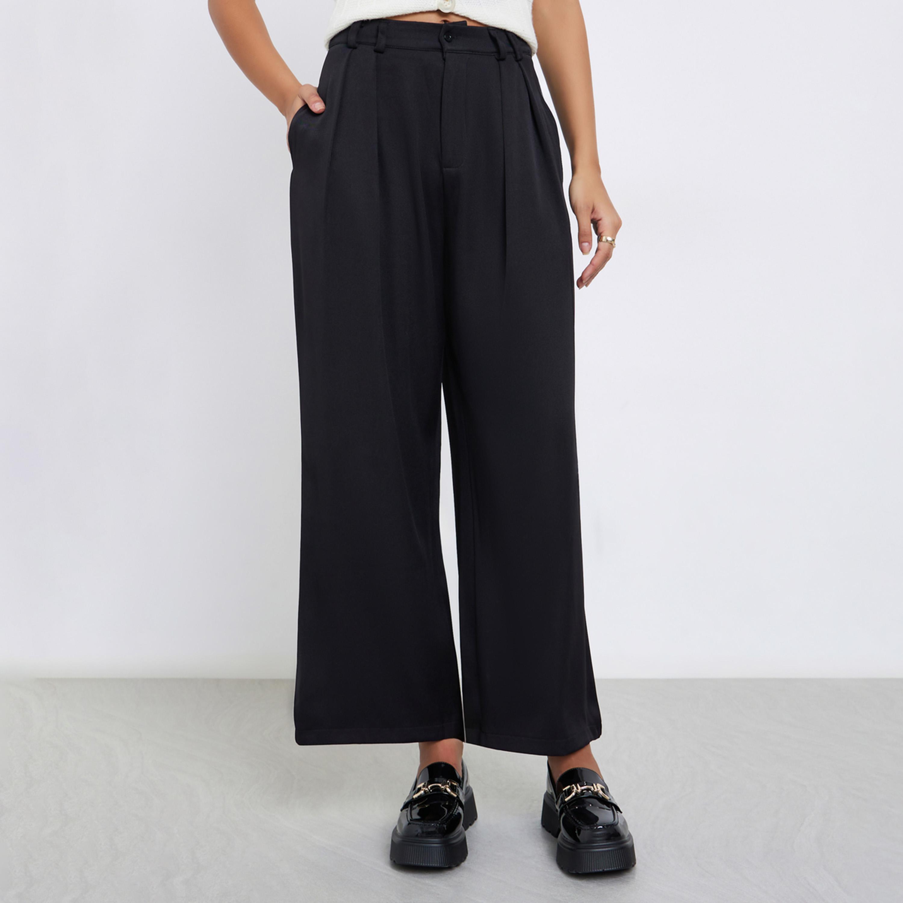 Styli Black Twill Wide Leg Trousers with Double Pleat Detail-women-clothing-bottoms-trousers-image-1
