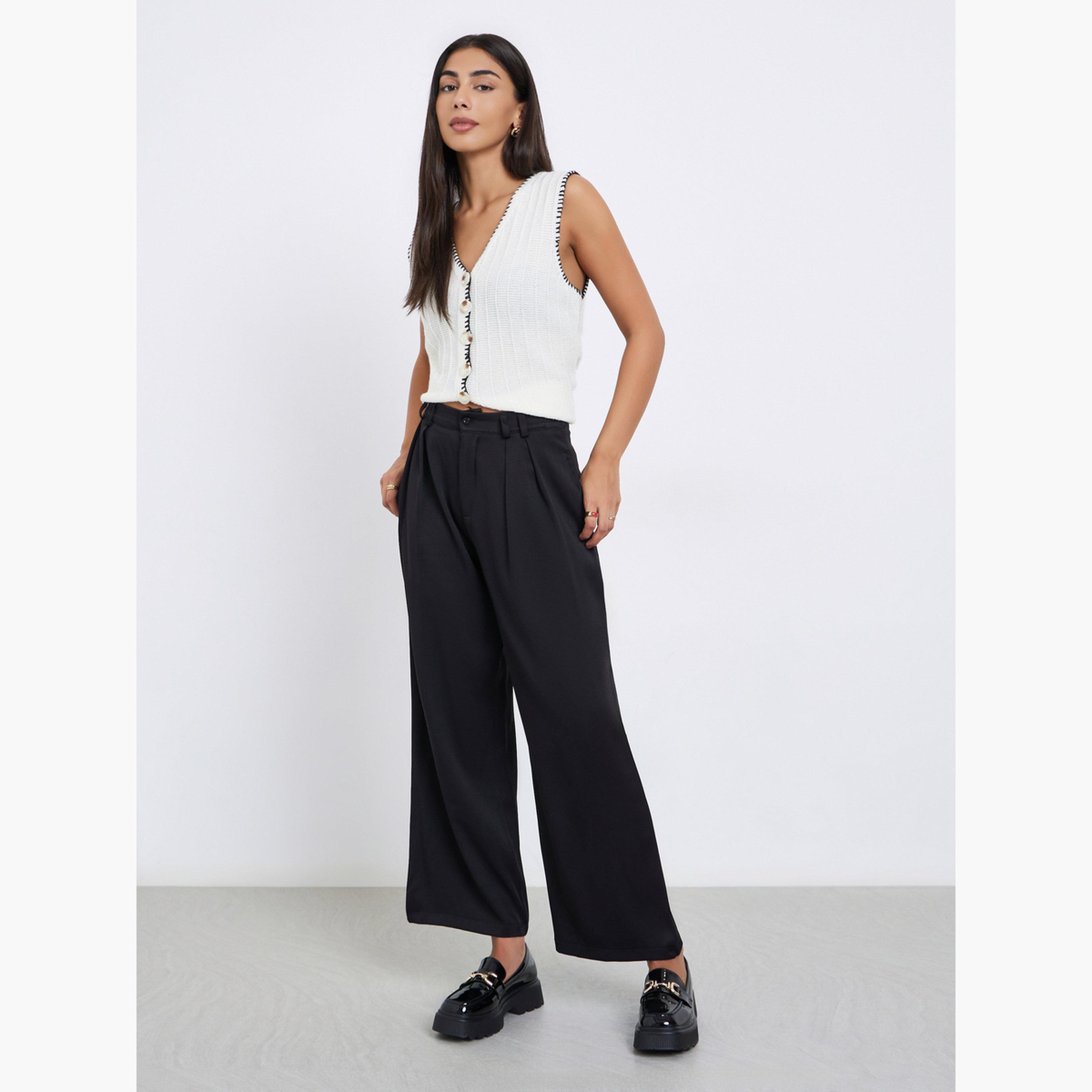 Styli Black Twill Wide Leg Trousers with Double Pleat Detail-women-clothing-bottoms-trousers-image-2