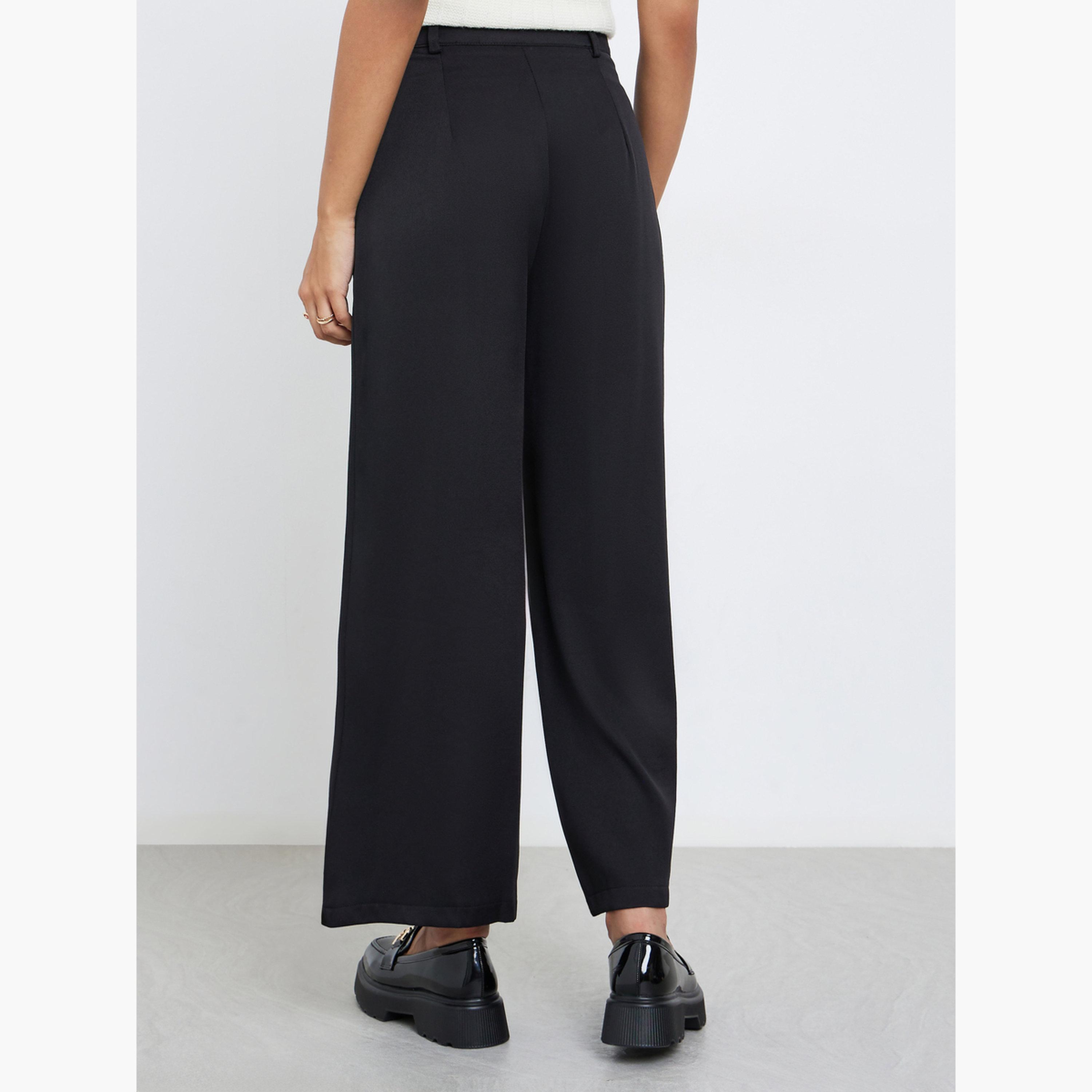 ستايلي - بنطال أسود واسع الساق قماش التويل مع تفاصيل طيات مزدوجة-women-clothing-bottoms-trousers-image-3