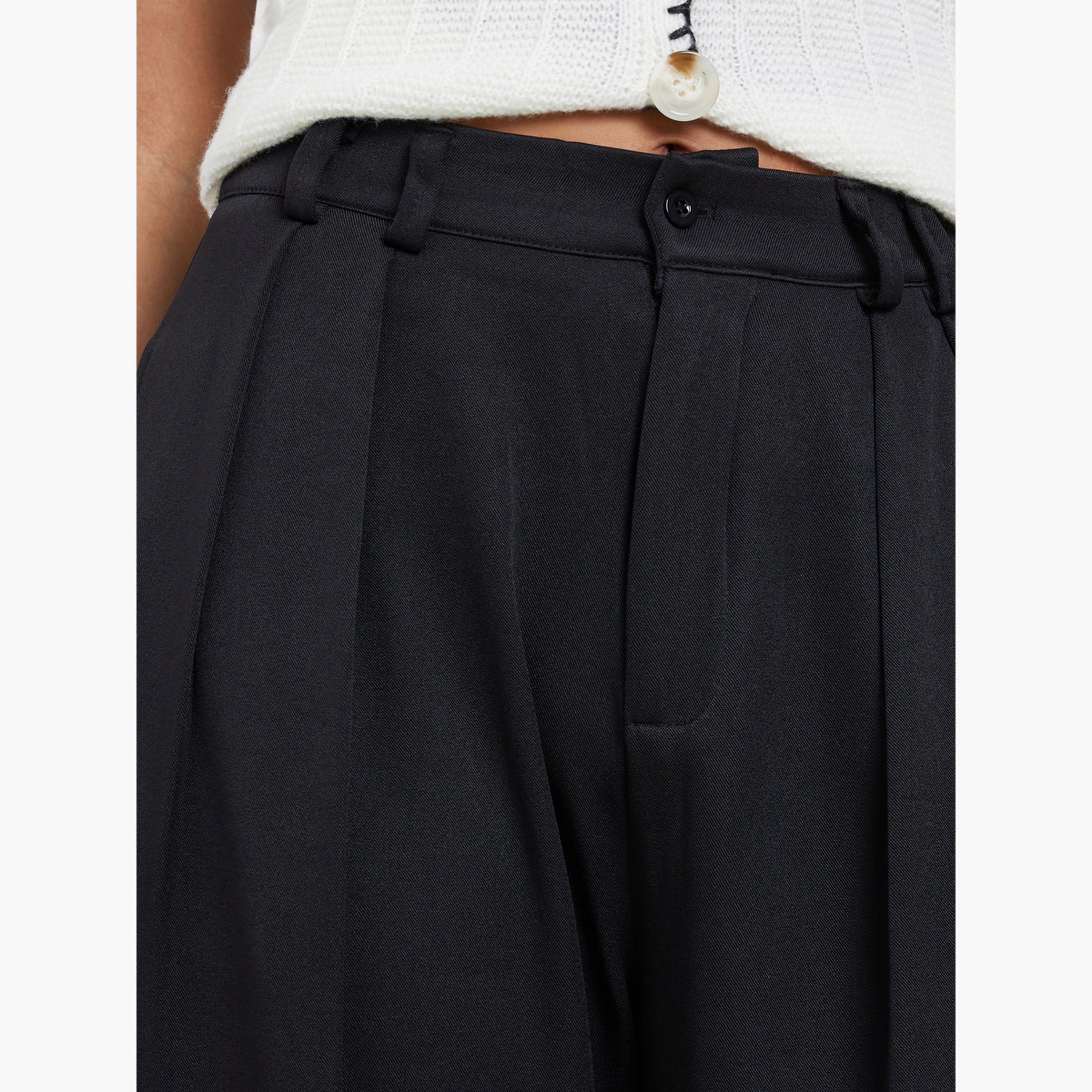 Styli Black Twill Wide Leg Trousers with Double Pleat Detail-women-clothing-bottoms-trousers-image-4