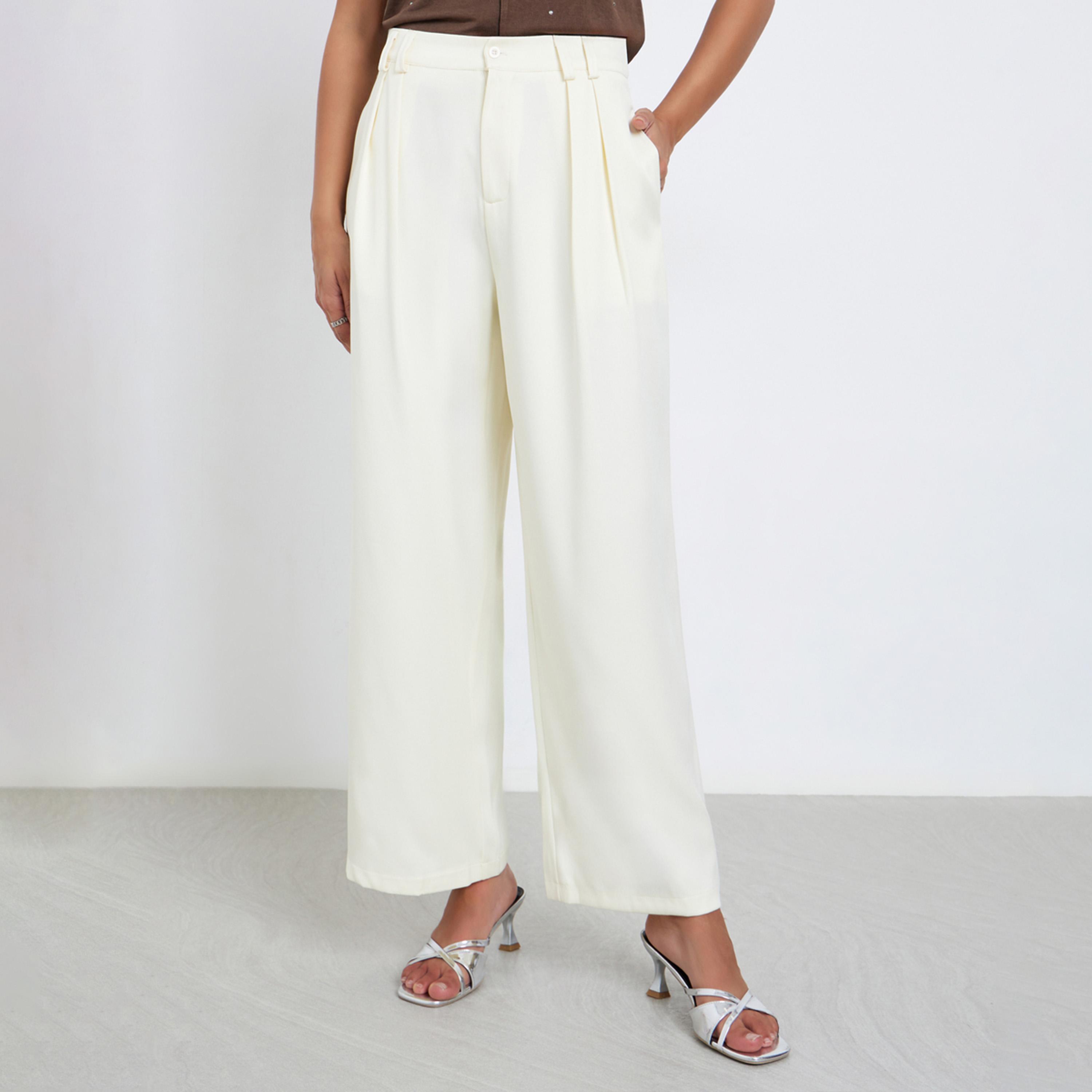 Styli Cream Twill Wide Leg Trousers with Double Pleat Detail-women-clothing-bottoms-trousers-image-1