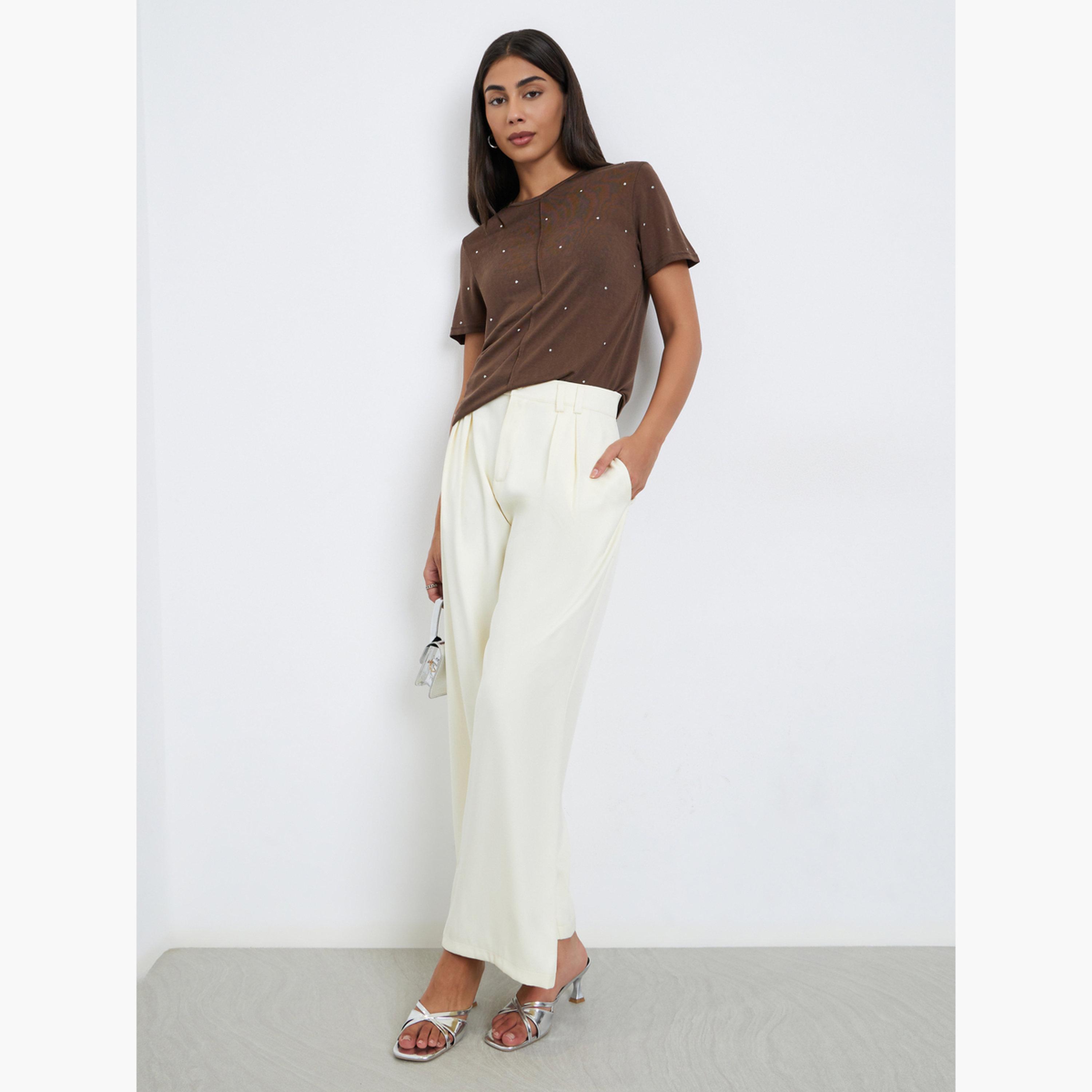ستايلي - بنطال كريمي واسع الساق قماش التويل مع تفاصيل طيات مزدوجة-women-clothing-bottoms-trousers-image-2