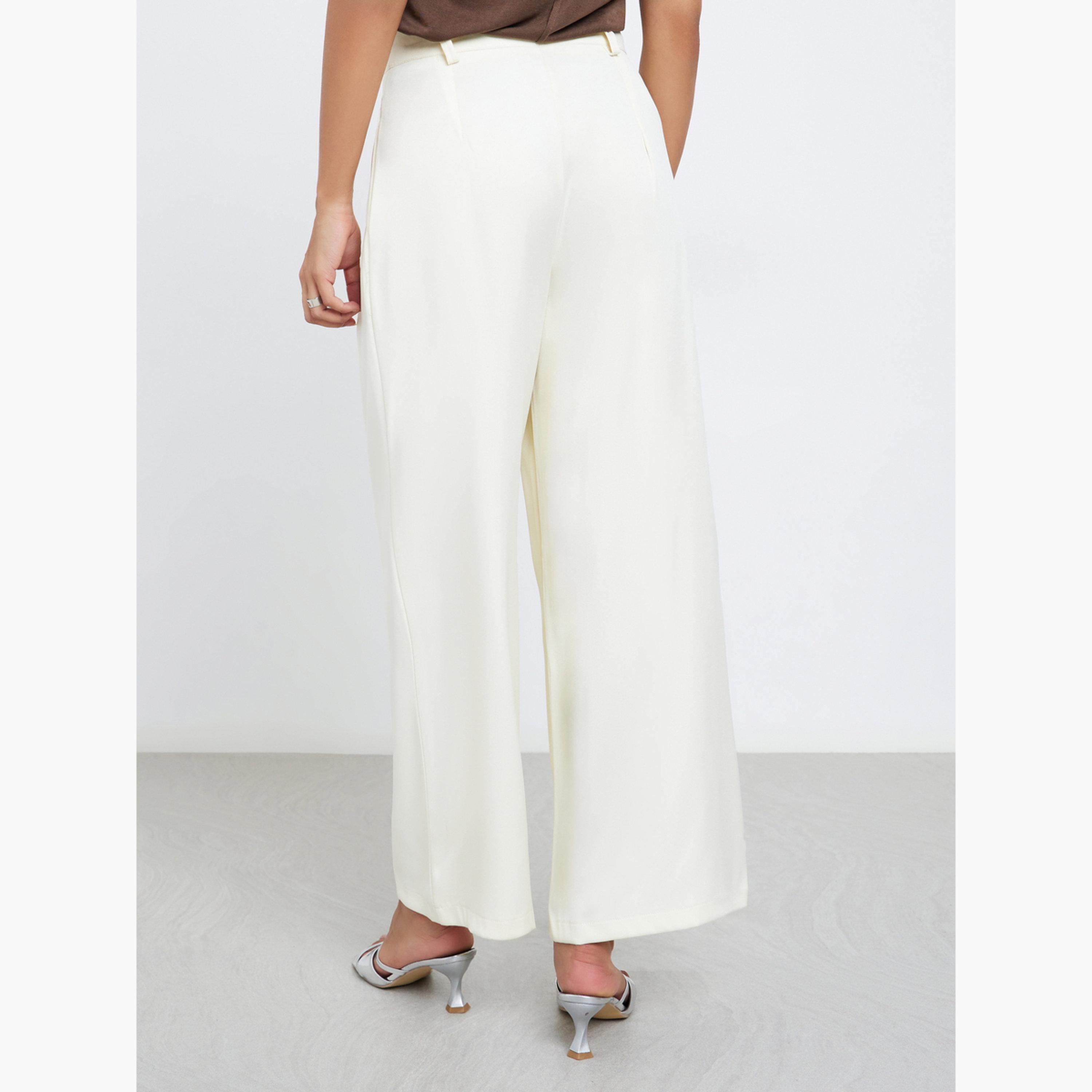 ستايلي - بنطال كريمي واسع الساق قماش التويل مع تفاصيل طيات مزدوجة-women-clothing-bottoms-trousers-image-3