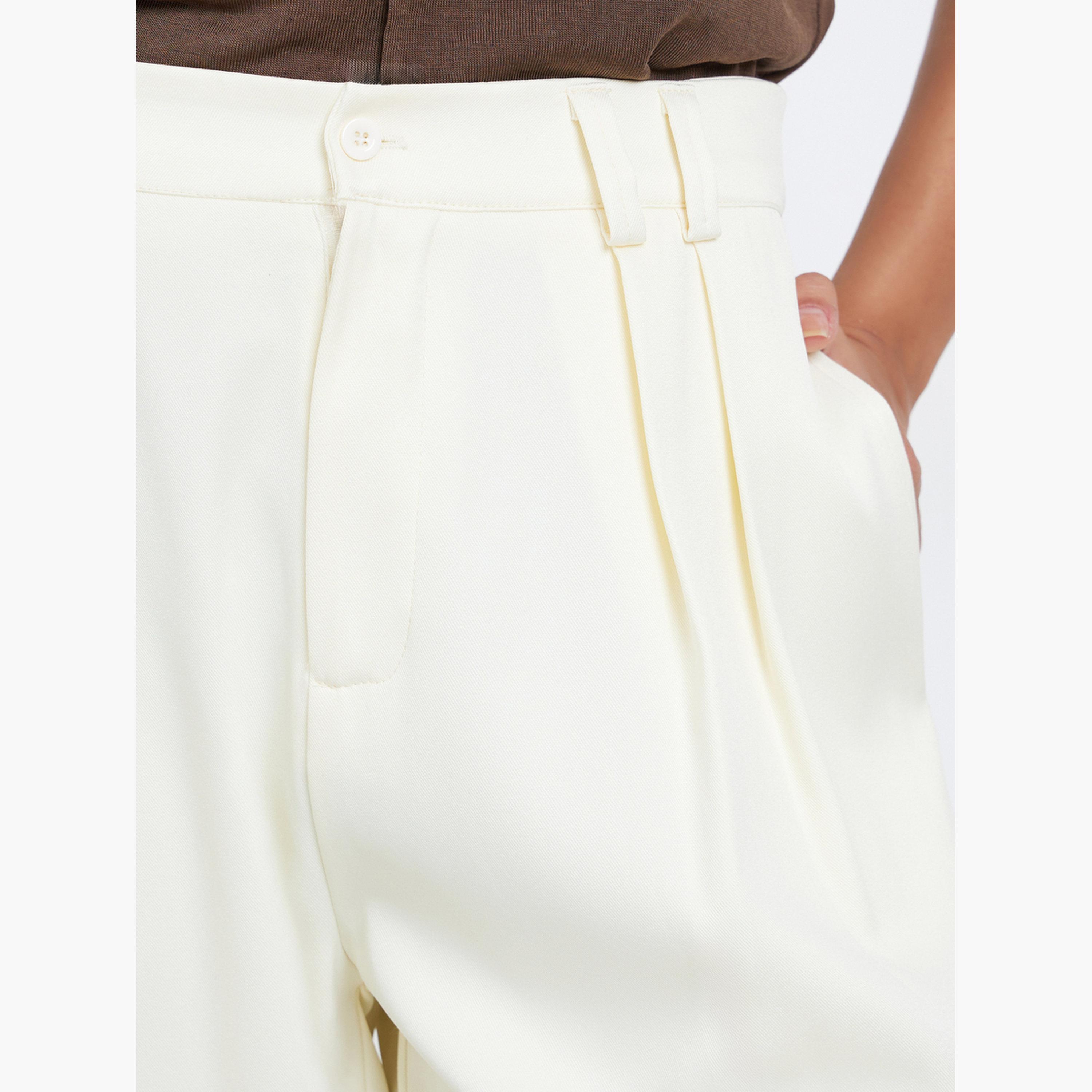 ستايلي - بنطال كريمي واسع الساق قماش التويل مع تفاصيل طيات مزدوجة-women-clothing-bottoms-trousers-image-4