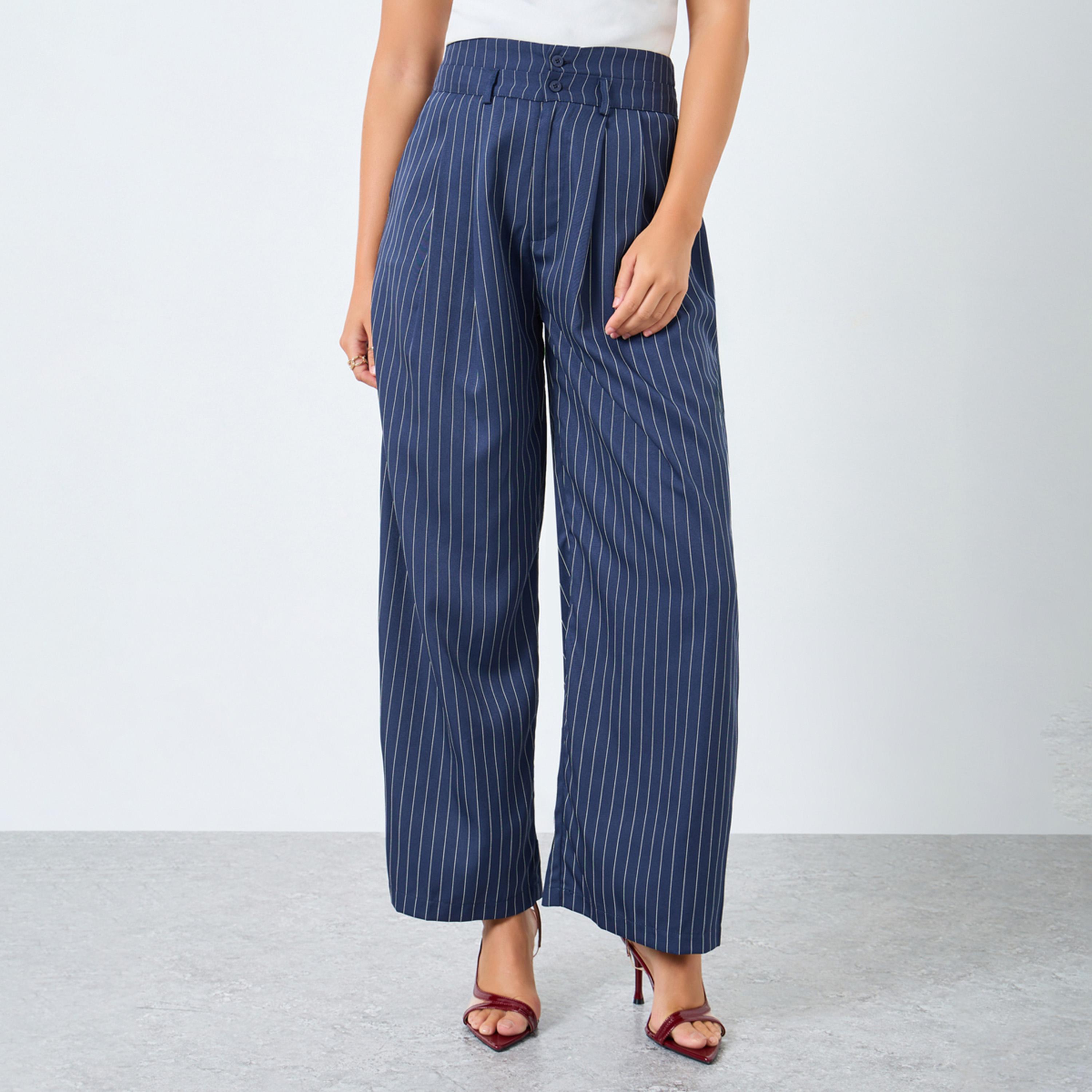 Styli Women Navy Pinstripe Wide Leg Trousers-women-clothing-bottoms-trousers-image-1