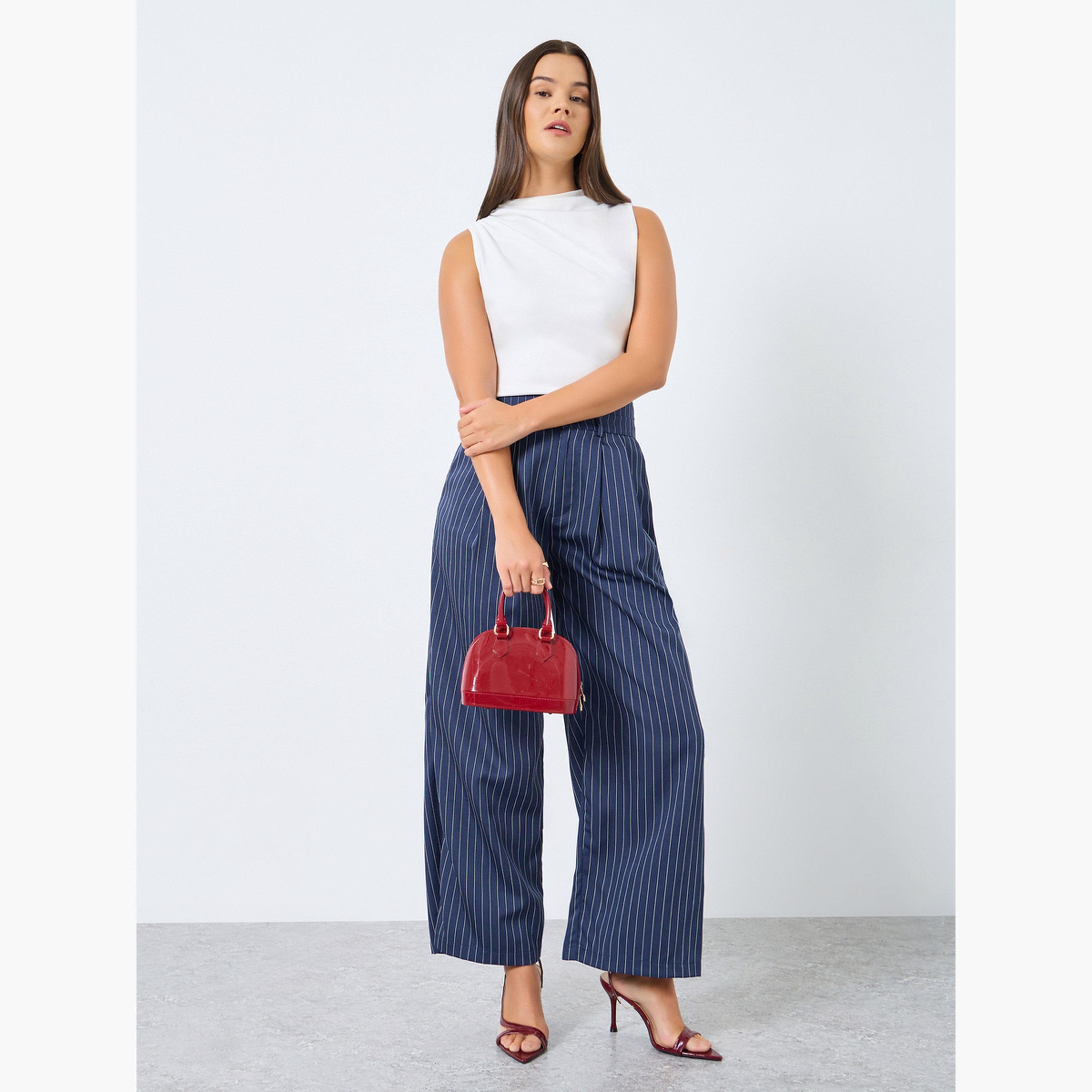 ستايلي - بنطال واسع الساق مخطط لون أزرق البحري-women-clothing-bottoms-trousers-image-2