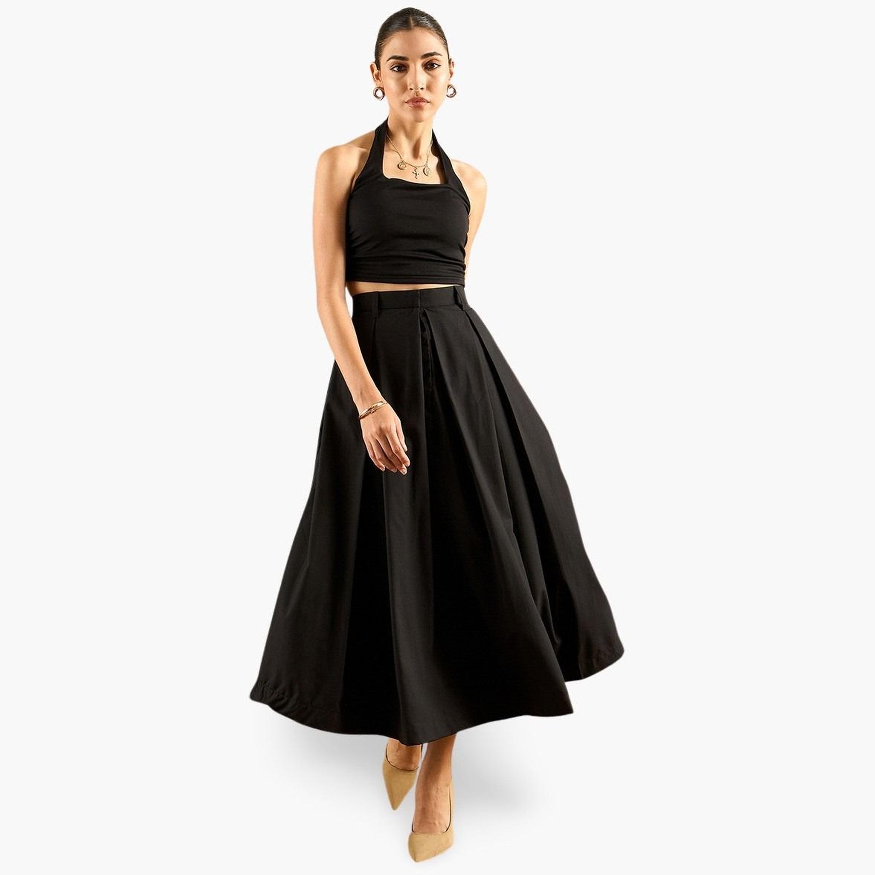 Uptownie X Styli Black Cotton Poplin Box Pleated Maxi Skirt-women-clothing-bottoms-skirts-image-1