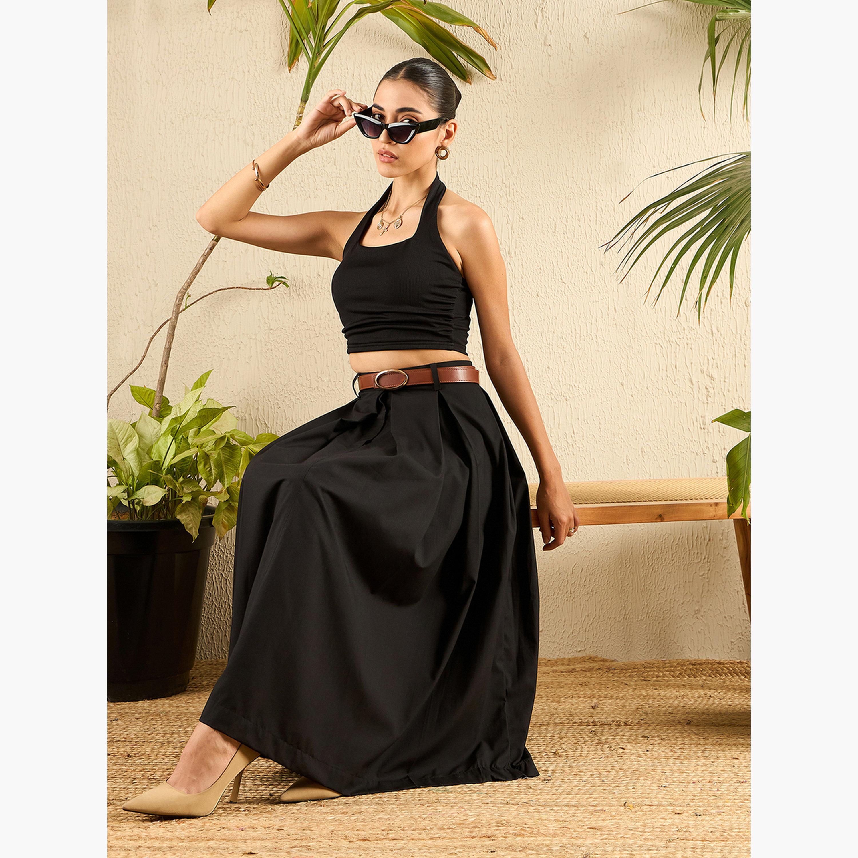 Uptownie X Styli Black Cotton Poplin Box Pleated Maxi Skirt-women-clothing-bottoms-skirts-image-2