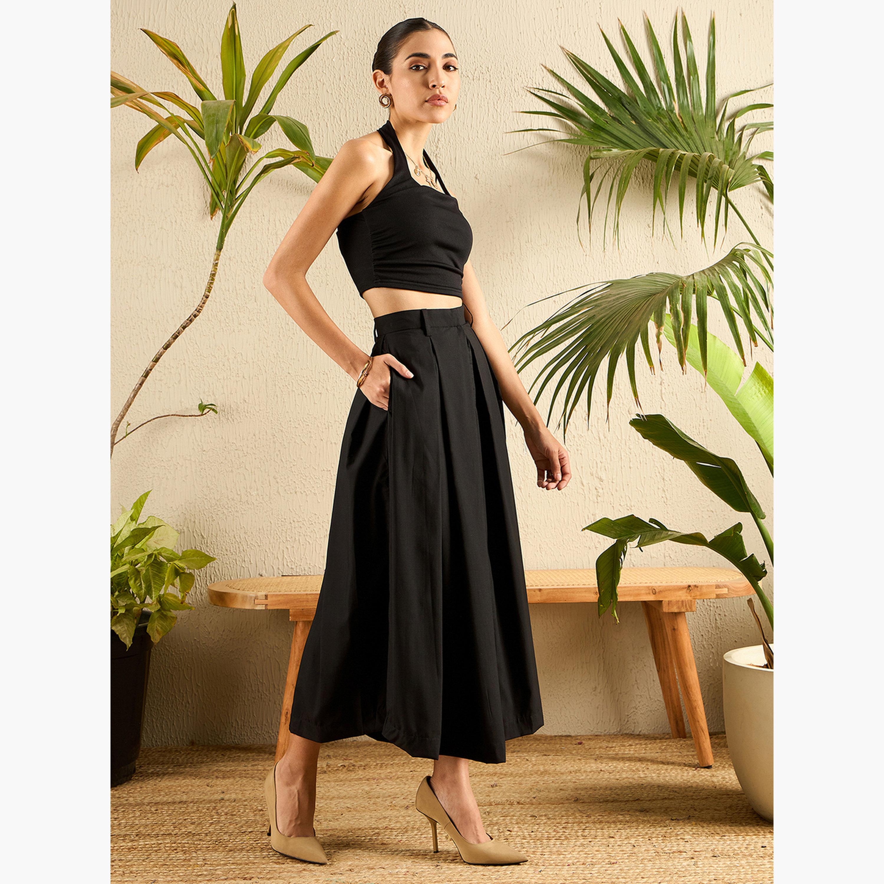 Uptownie X Styli Black Cotton Poplin Box Pleated Maxi Skirt-women-clothing-bottoms-skirts-image-3