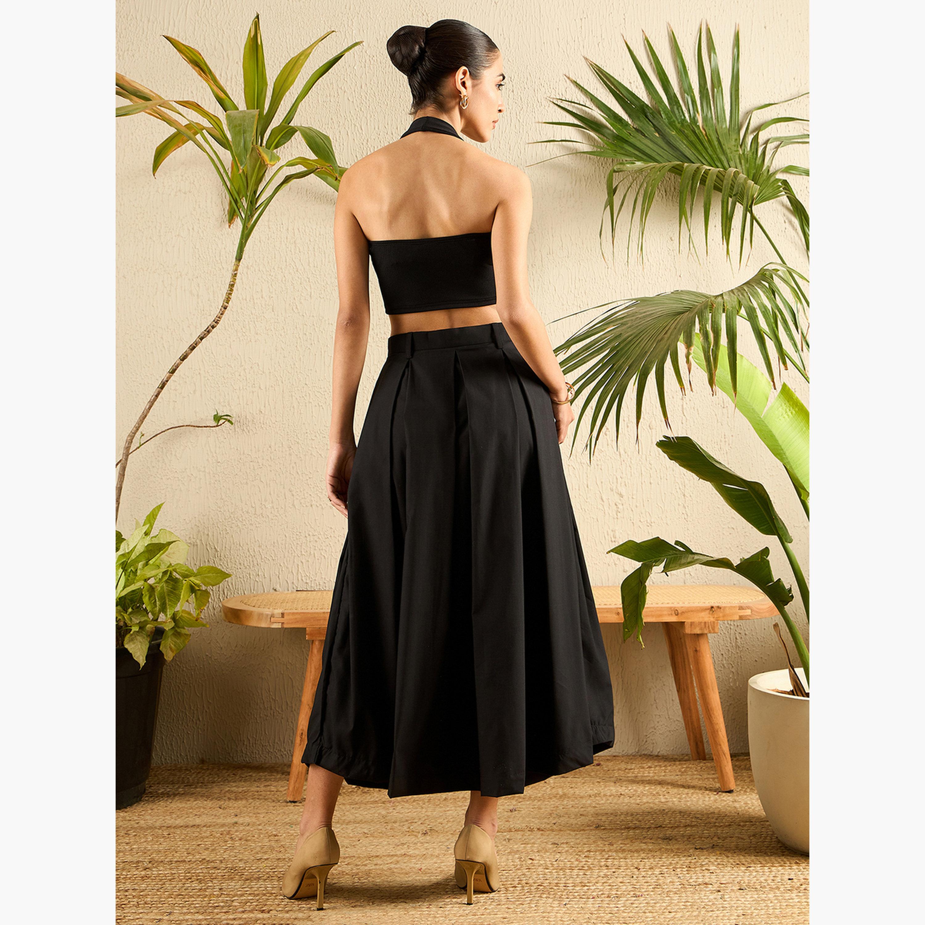 Uptownie X Styli Black Cotton Poplin Box Pleated Maxi Skirt-women-clothing-bottoms-skirts-image-4