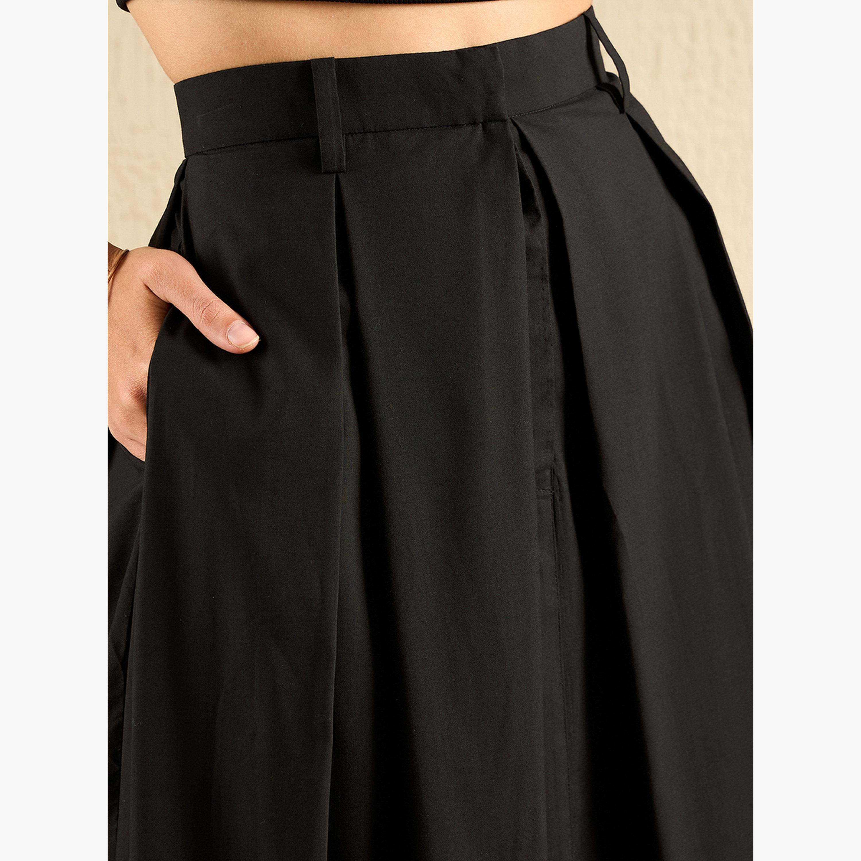 اب تاوني × ستايلي - تنورة ماكسي بوبلين قطن مطوية لون أسود-women-clothing-bottoms-skirts-image-5
