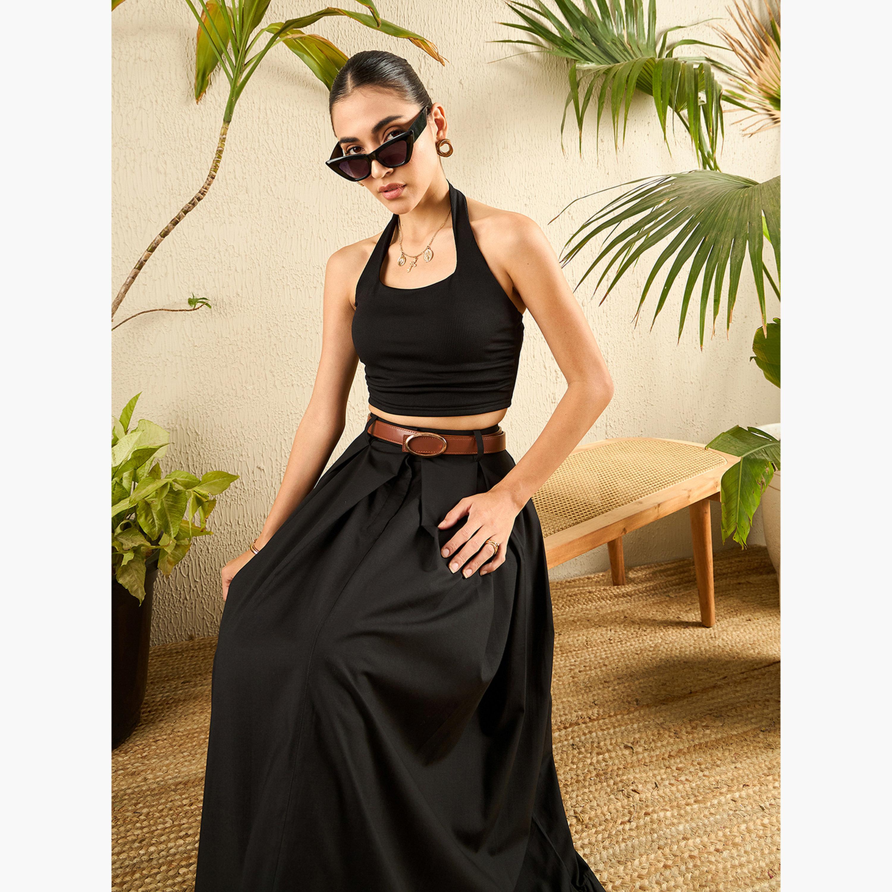 اب تاوني × ستايلي - تنورة ماكسي بوبلين قطن مطوية لون أسود-women-clothing-bottoms-skirts-image-6