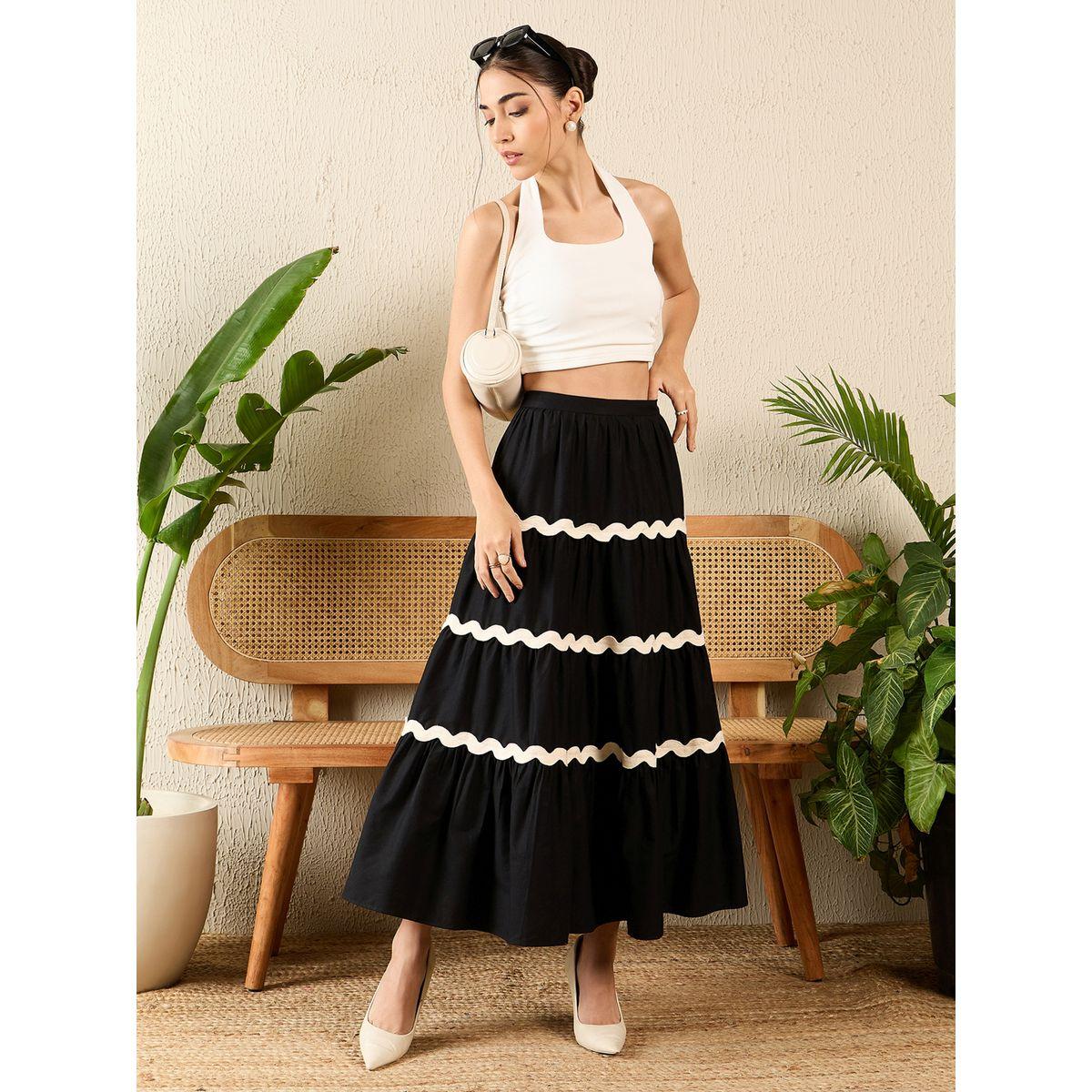 Uptownie X Styli Women Black Ric-Rac Tiered Maxi Skirt-women-clothing-skirts-image-1