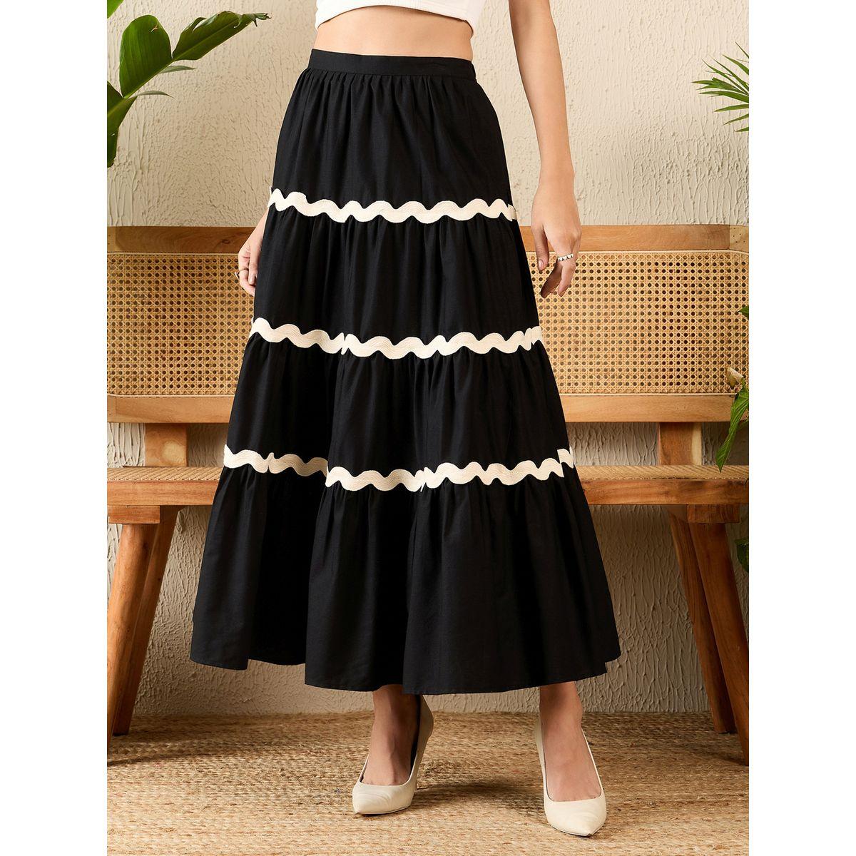 Uptownie X Styli Women Black Ric-Rac Tiered Maxi Skirt-women-clothing-skirts-image-2