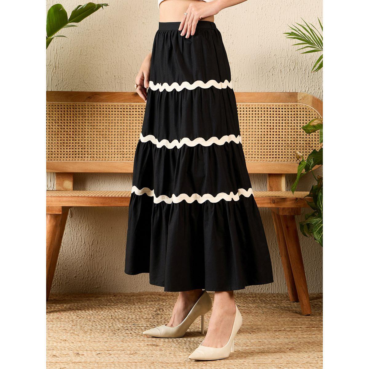 Uptownie X Styli Women Black Ric-Rac Tiered Maxi Skirt-women-clothing-skirts-image-3