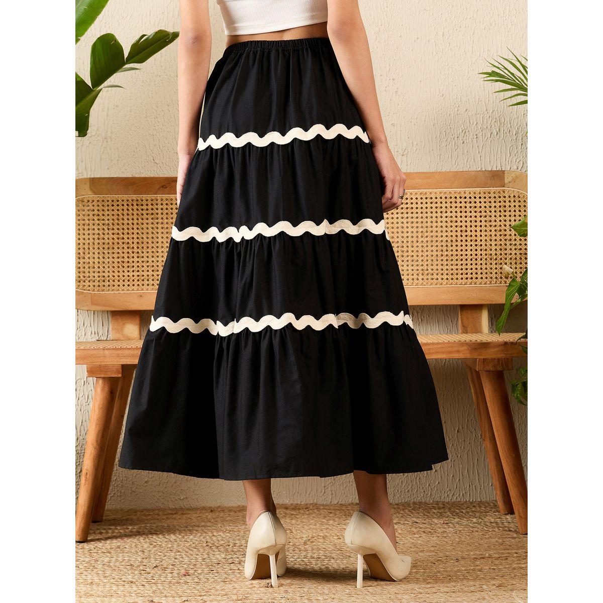 Uptownie X Styli Women Black Ric-Rac Tiered Maxi Skirt-women-clothing-skirts-image-4
