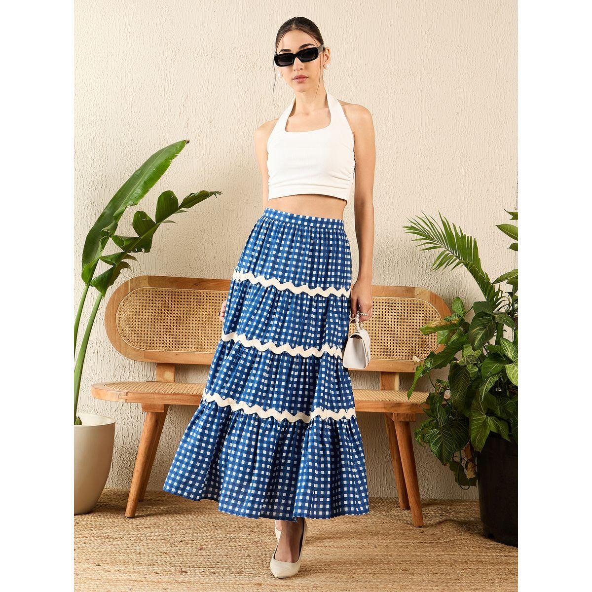 اب تاوني × ستايلي - تنورة ماكسي ريك راك زرقاء من قماش غينغهام متعدد الطبقات للنساء-women-clothing-skirts-image-1