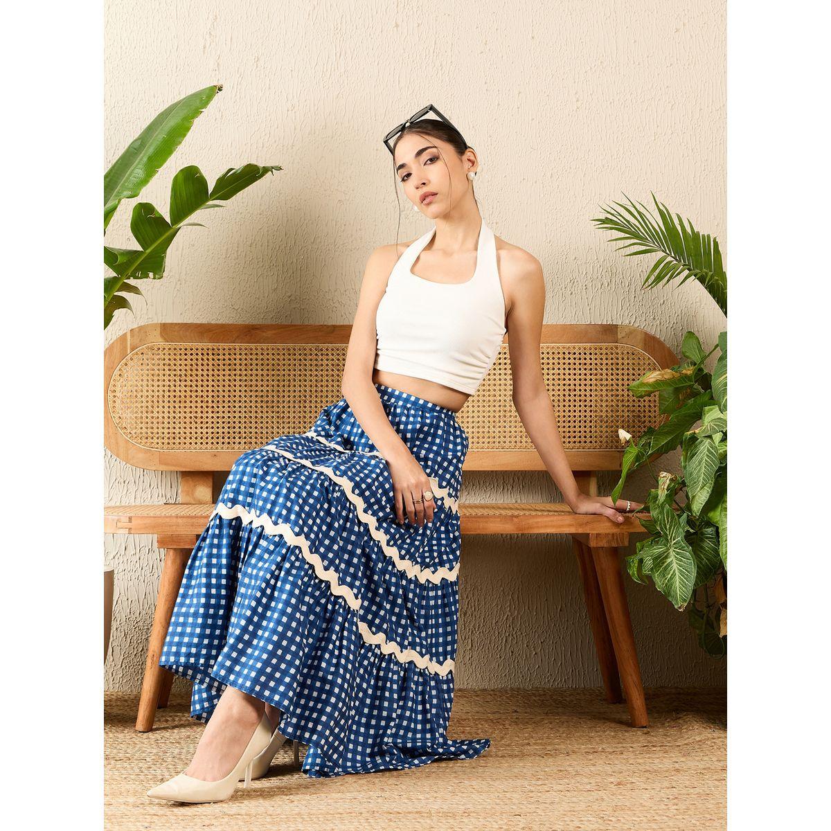 اب تاوني × ستايلي - تنورة ماكسي ريك راك زرقاء من قماش غينغهام متعدد الطبقات للنساء-women-clothing-skirts-image-6
