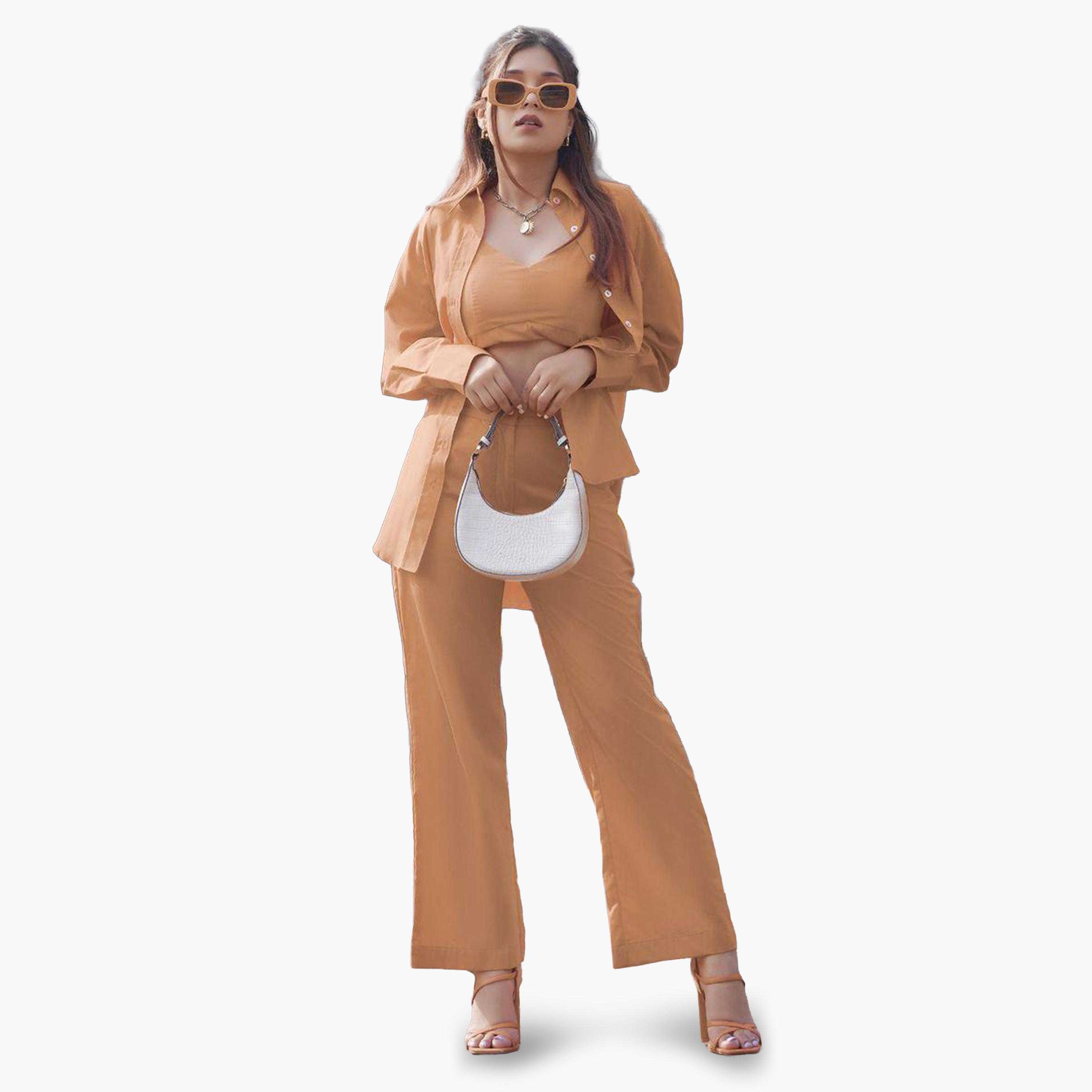 اب تاوني × ستايلي - قميص بني بحافة منسدلة وبنطال منسقان للنساء-women-clothing-coordsets-image-2