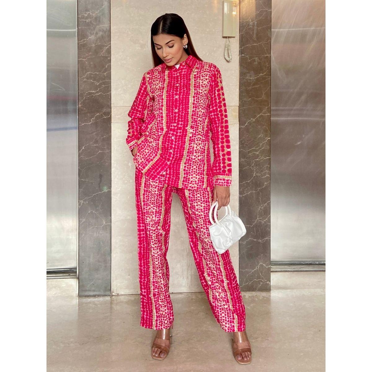 اب تاوني × ستايلي - قميص وبنطال من الكتان نقشة صبغ التعادل باللون الوردي للنساء-women-clothing-coordsets-image-2