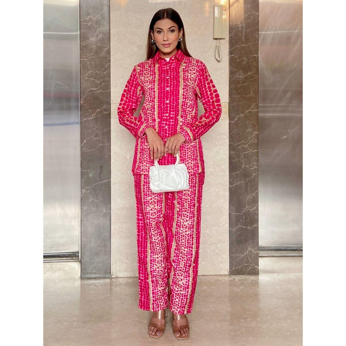 اب تاوني × ستايلي - قميص وبنطال من الكتان نقشة صبغ التعادل باللون الوردي للنساء-women-clothing-coordsets-image-4