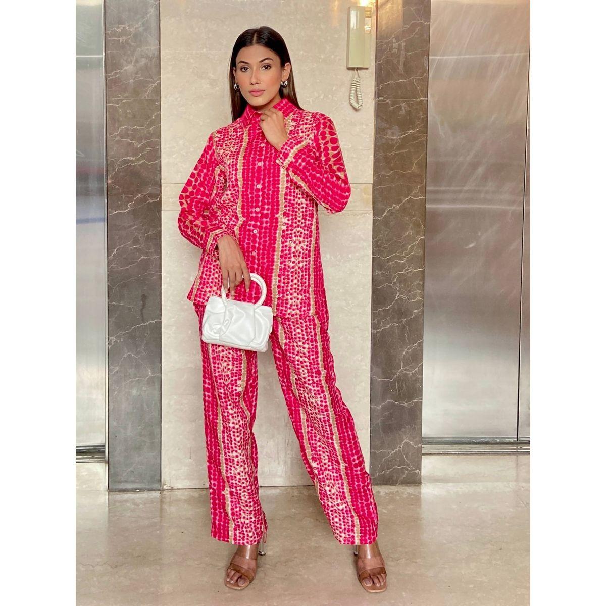 اب تاوني × ستايلي - قميص وبنطال من الكتان نقشة صبغ التعادل باللون الوردي للنساء-women-clothing-coordsets-image-5