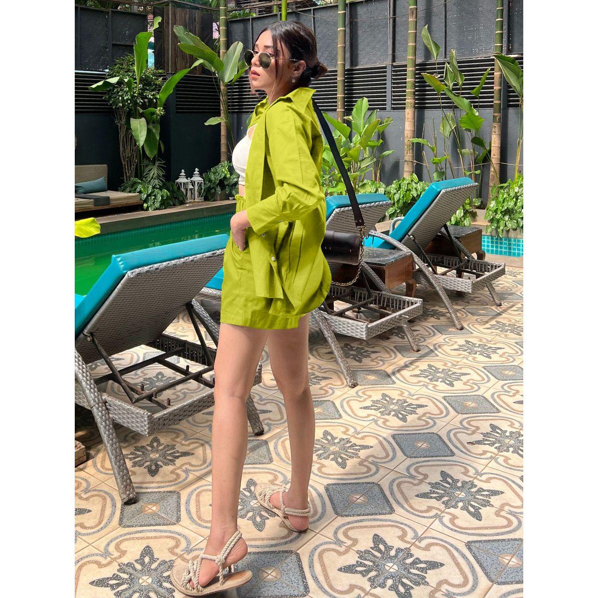 اب تاوني × ستايلي - قميص وشورت قطني سادة باللون الأخضر للنساء-women-clothing-coordsets-image-8