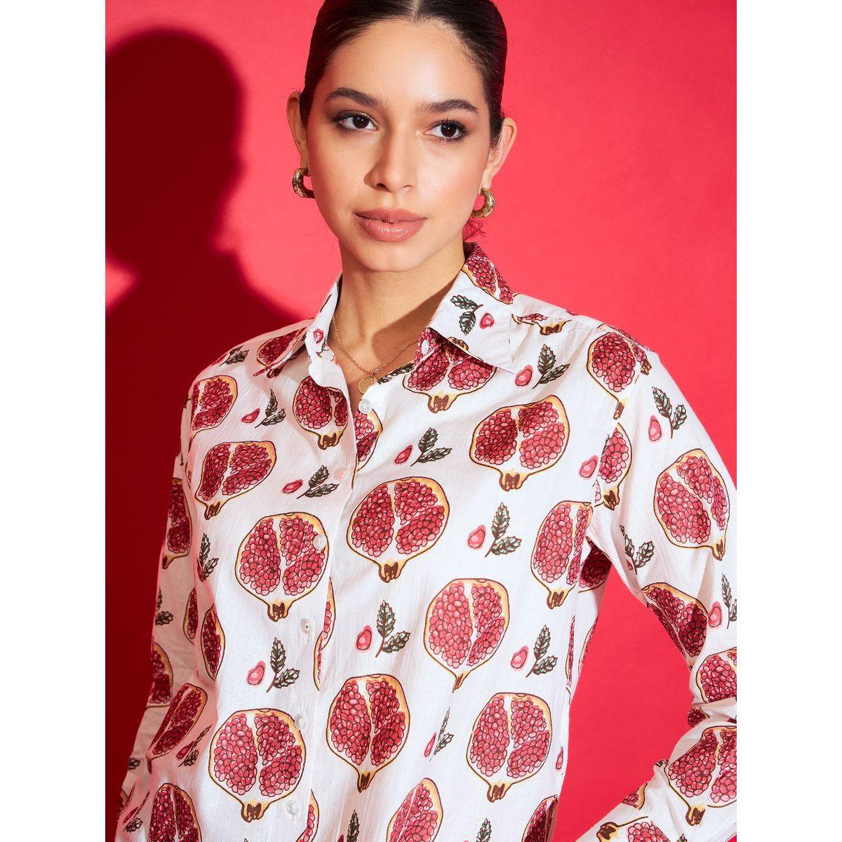 Uptownie X Styli Women White Pomegranate Print Cotton Shirt-women-clothing-shirtsandblouses-shirts-image-2