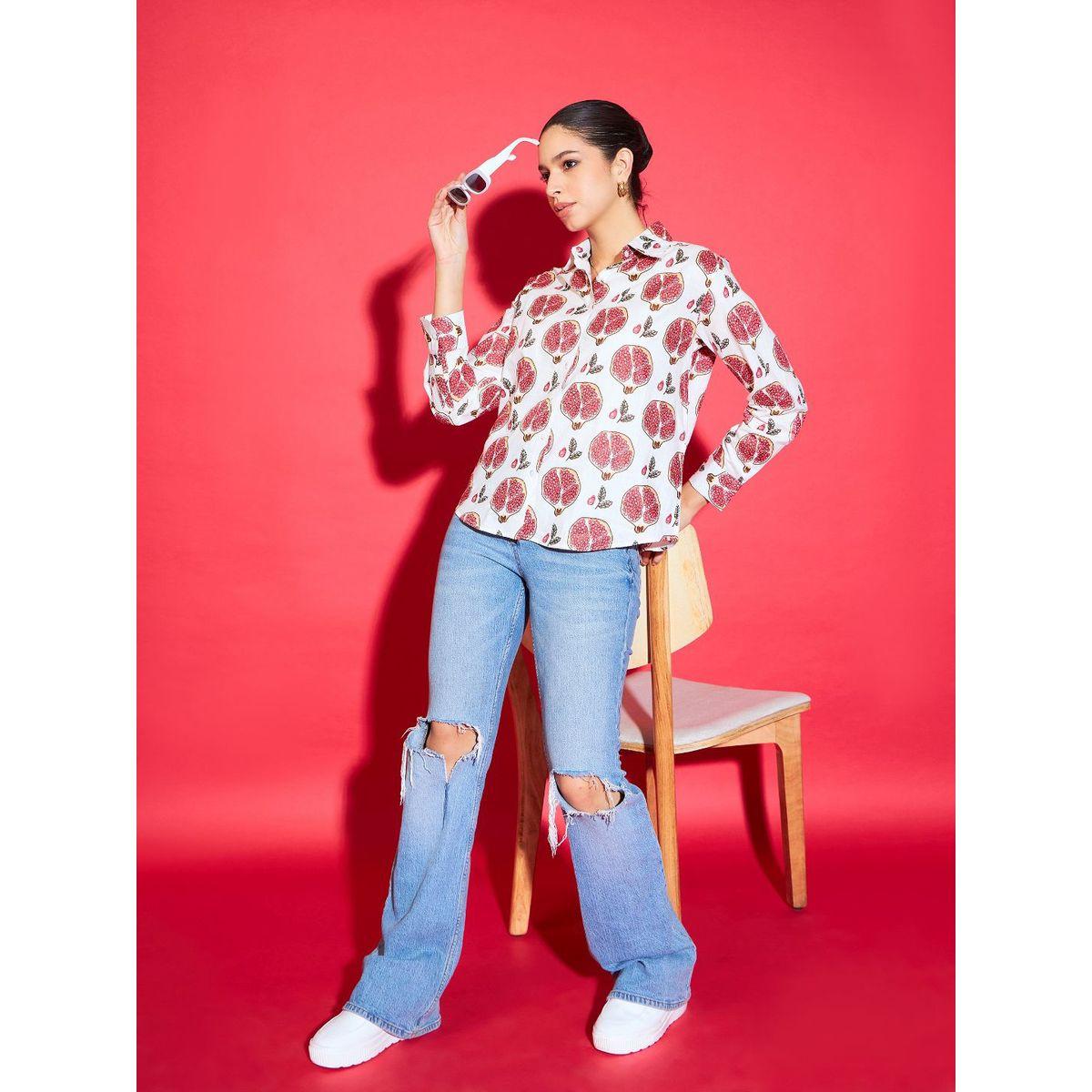 Uptownie X Styli Women White Pomegranate Print Cotton Shirt-women-clothing-shirtsandblouses-shirts-image-3
