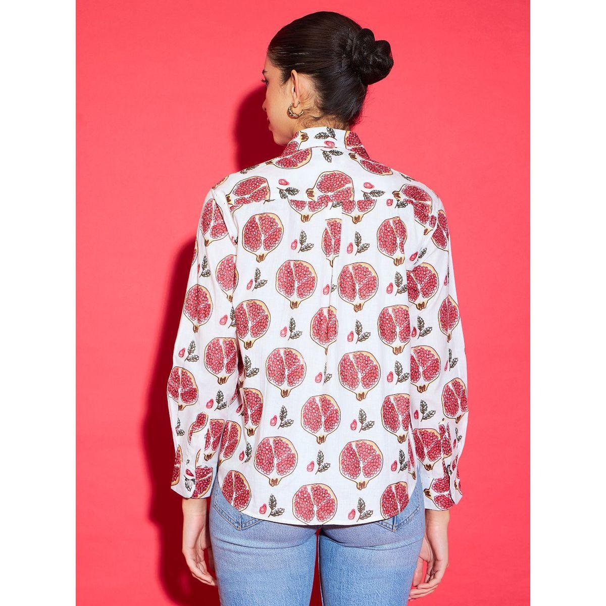 Uptownie X Styli Women White Pomegranate Print Cotton Shirt-women-clothing-shirtsandblouses-shirts-image-4
