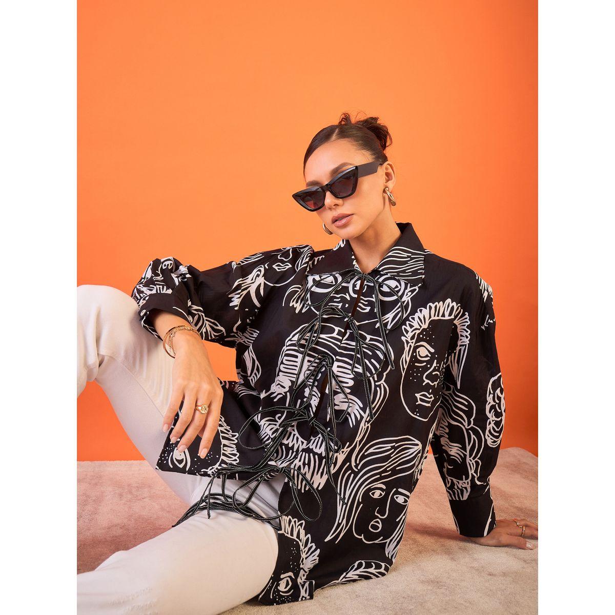 اب تاوني × ستايلي - قميص طويل نقشة وجه أسود ورباط أمامي للنساء-women-clothing-shirtsandblouses-shirts-image-1
