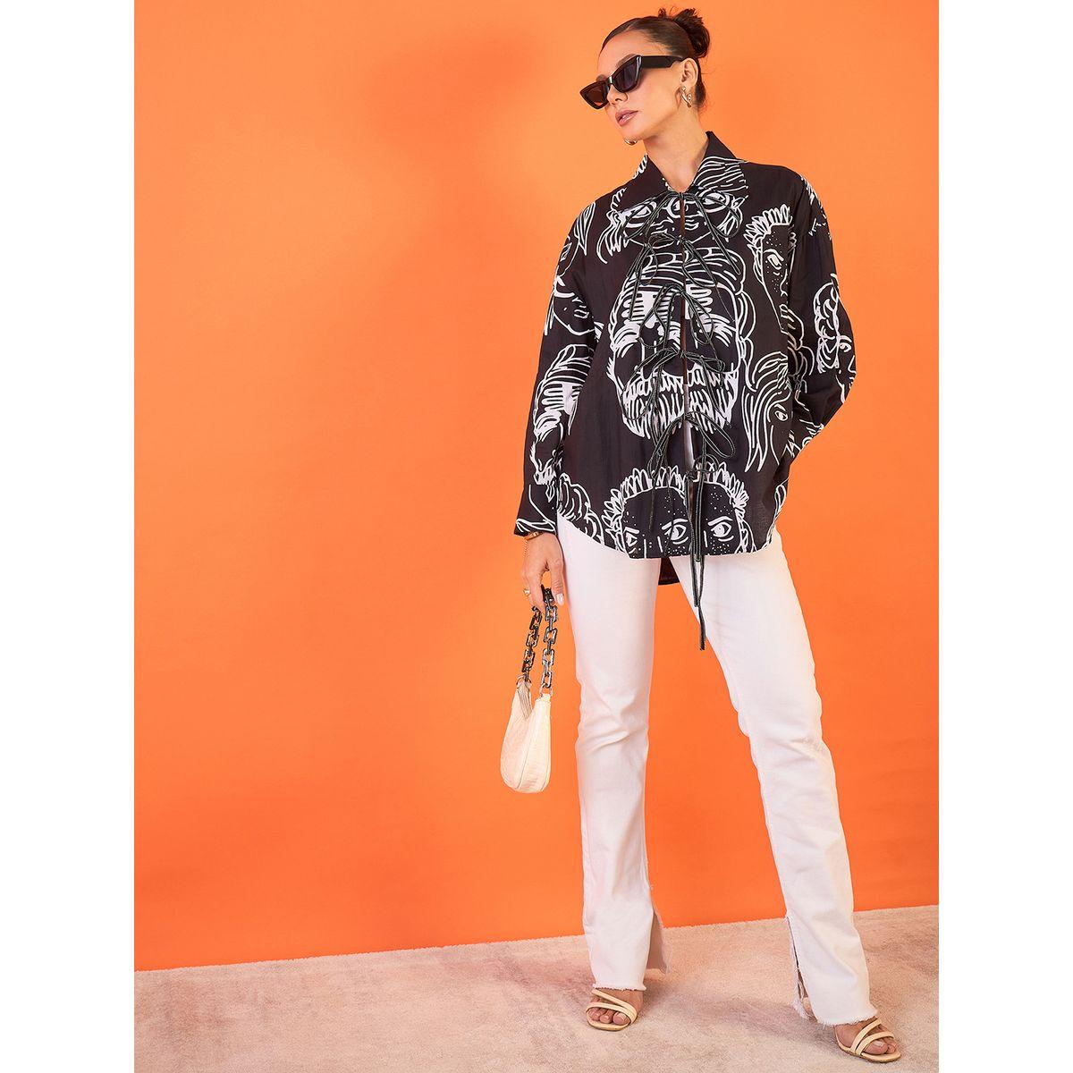 اب تاوني × ستايلي - قميص طويل نقشة وجه أسود ورباط أمامي للنساء-women-clothing-shirtsandblouses-shirts-image-2