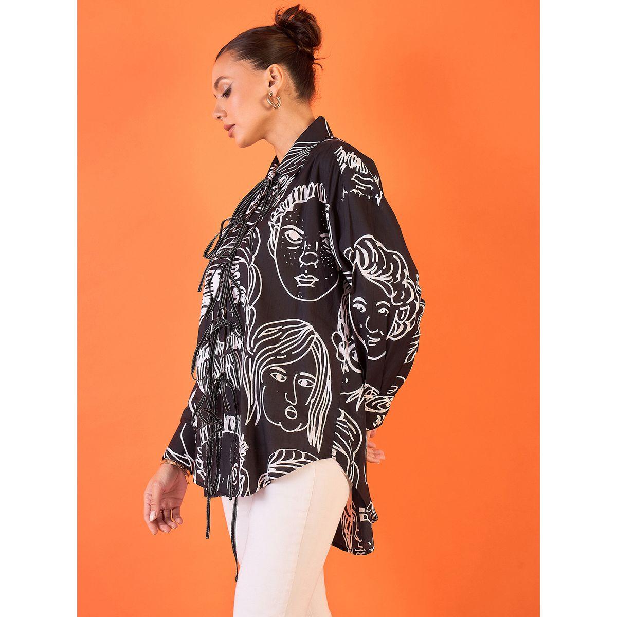 اب تاوني × ستايلي - قميص طويل نقشة وجه أسود ورباط أمامي للنساء-women-clothing-shirtsandblouses-shirts-image-3