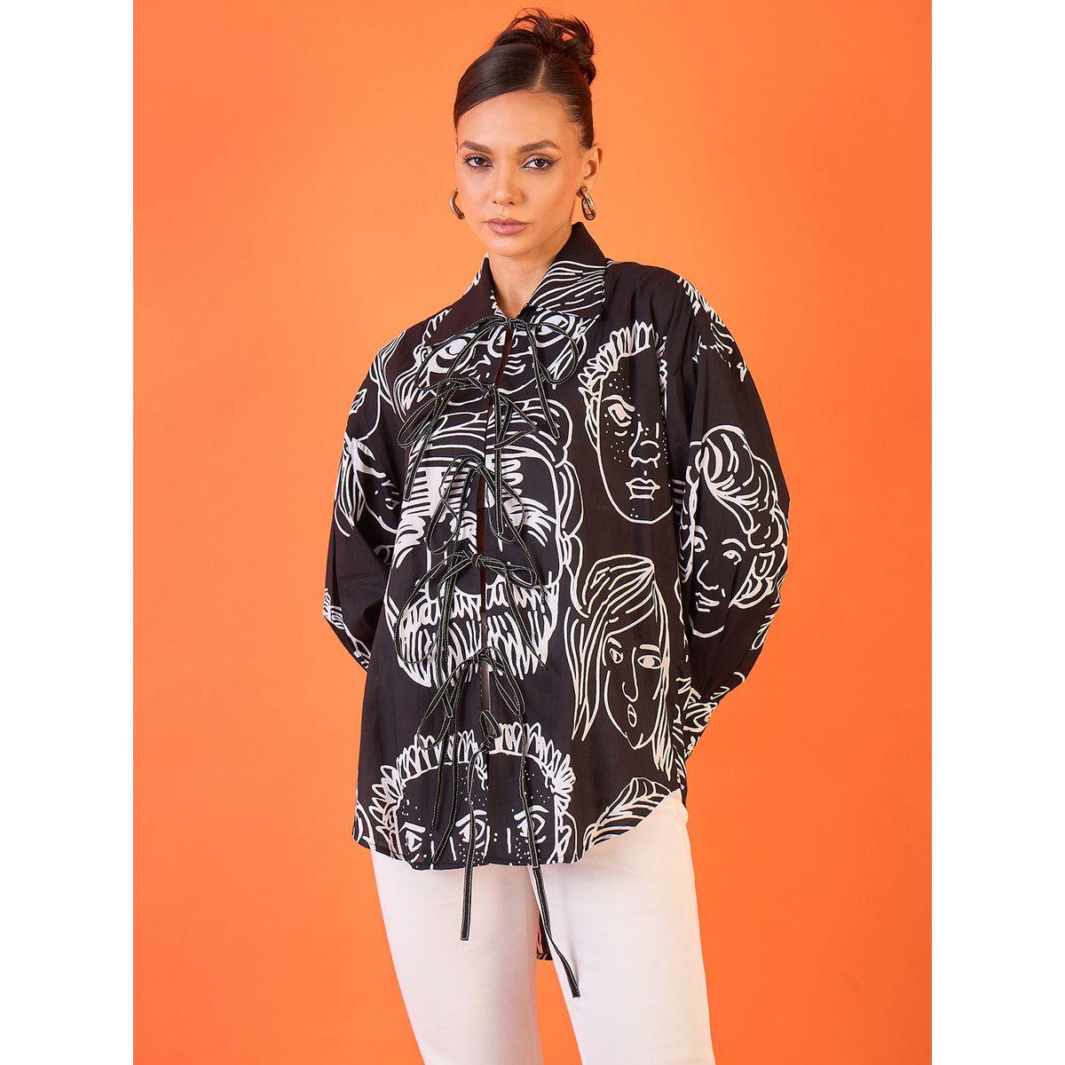 اب تاوني × ستايلي - قميص طويل نقشة وجه أسود ورباط أمامي للنساء-women-clothing-shirtsandblouses-shirts-image-4
