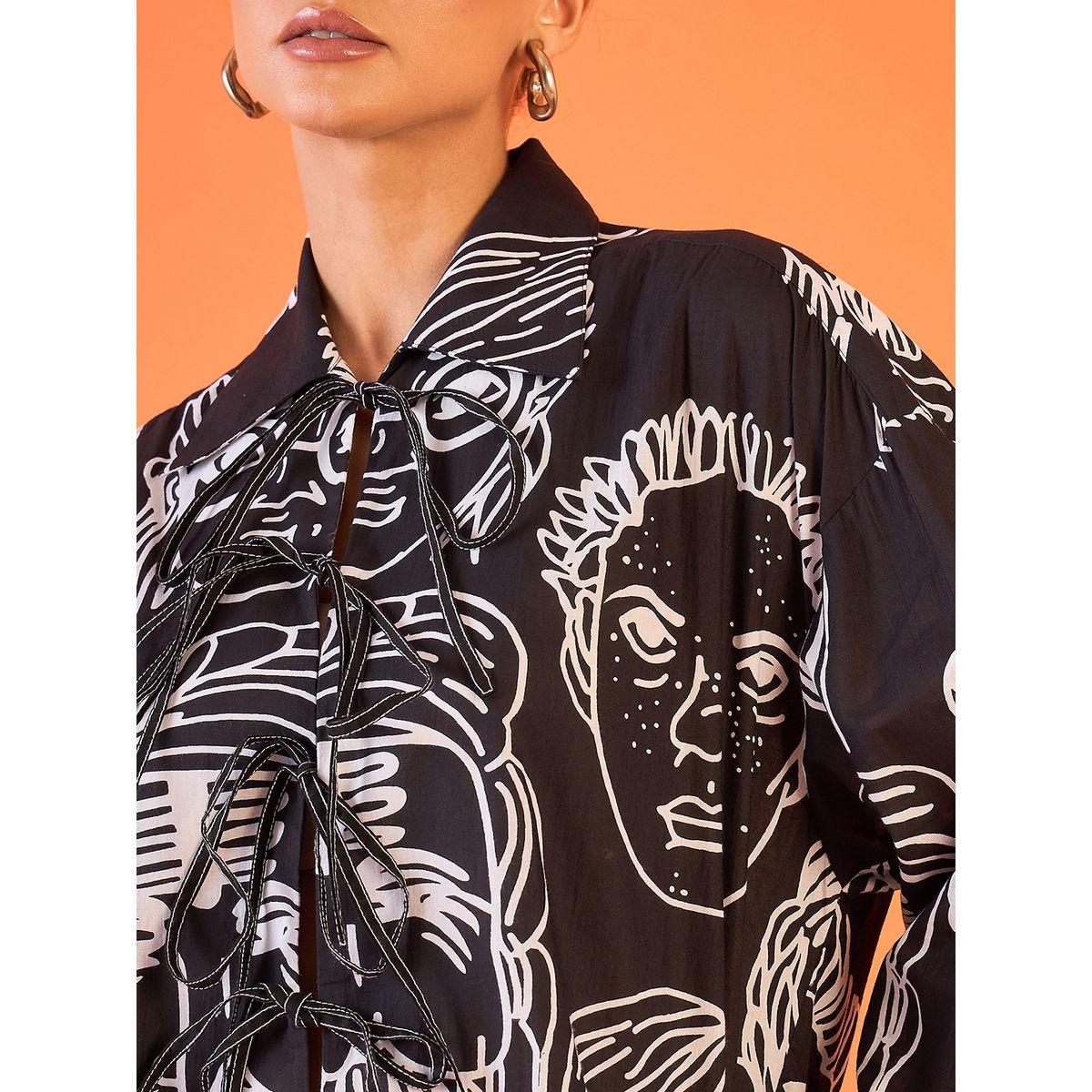 اب تاوني × ستايلي - قميص طويل نقشة وجه أسود ورباط أمامي للنساء-women-clothing-shirtsandblouses-shirts-image-5