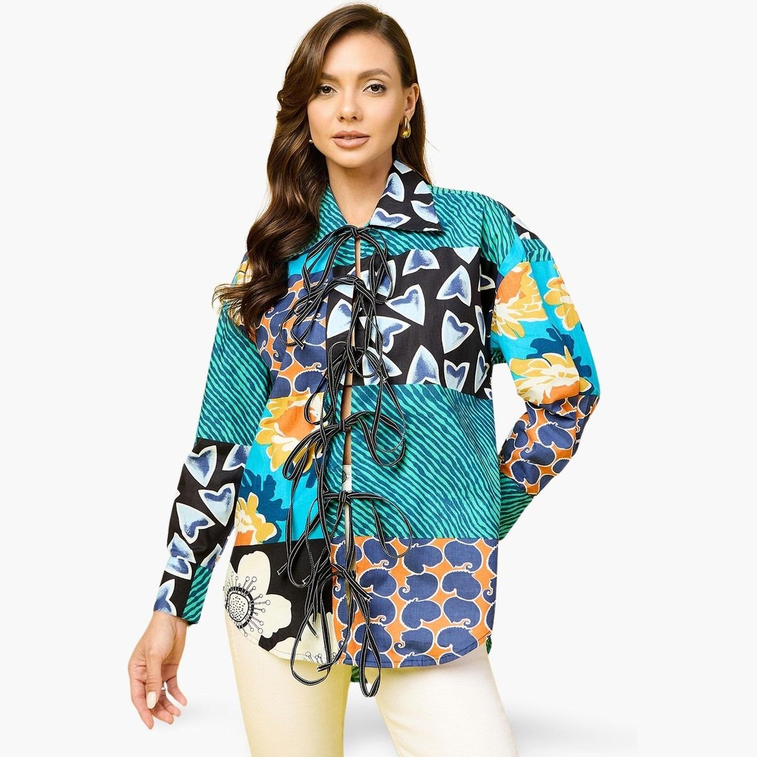 اب تاوني × ستايلي - قميص أخضر طويل مطبوع بالكامل برباط أمامي-women-clothing-shirtsandblouses-blouses-image-1