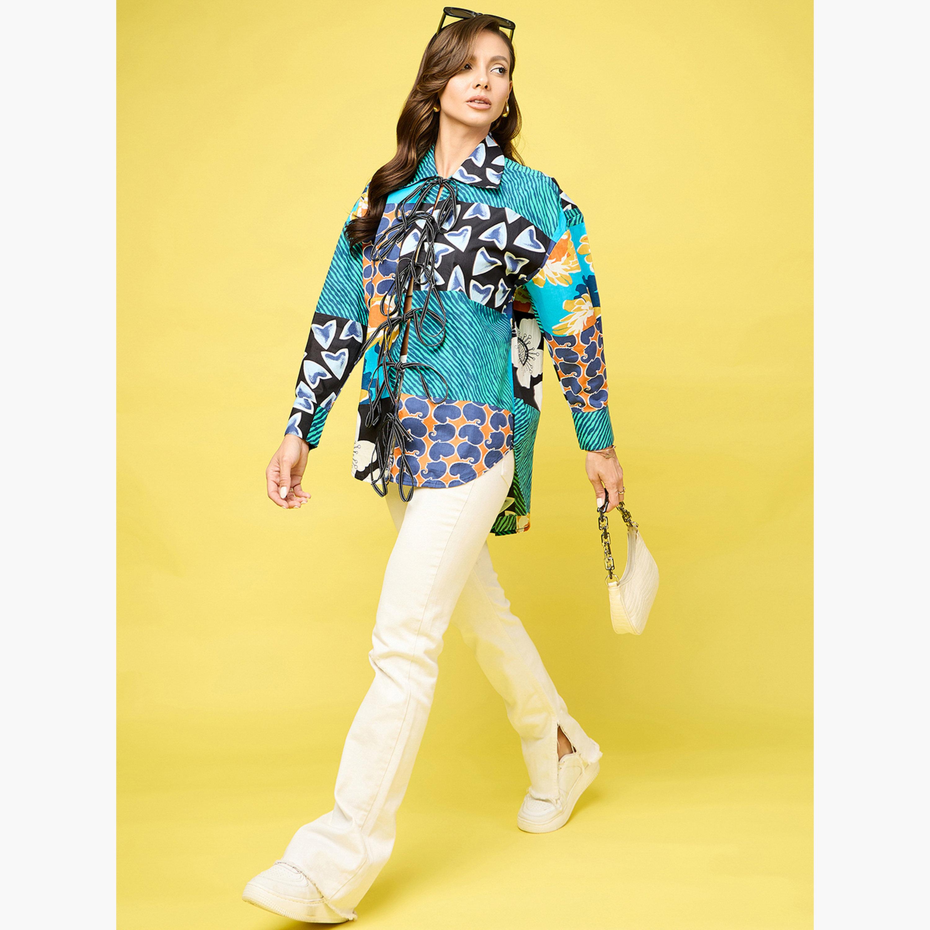اب تاوني × ستايلي - قميص أخضر طويل مطبوع بالكامل برباط أمامي-women-clothing-shirtsandblouses-blouses-image-2