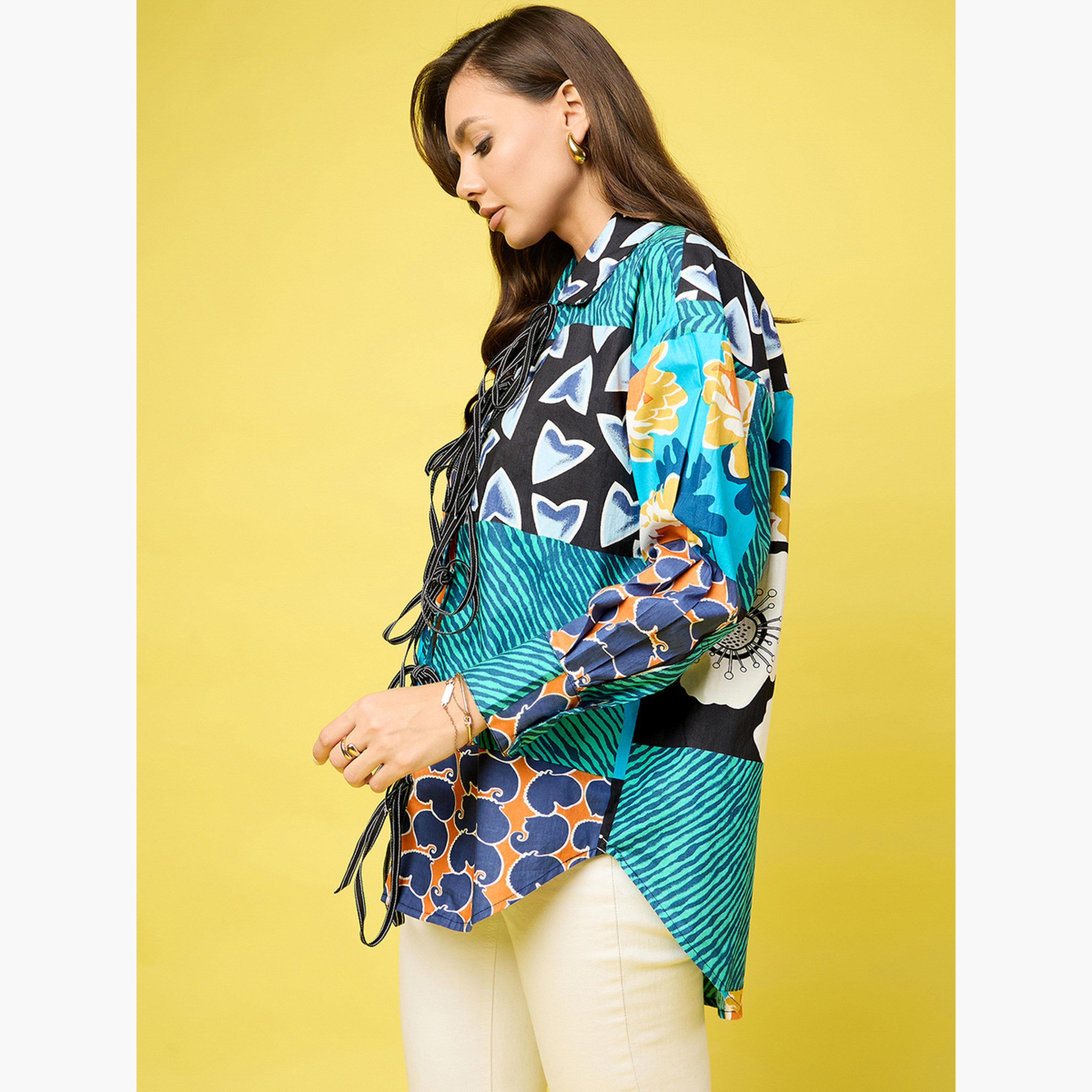 اب تاوني × ستايلي - قميص أخضر طويل مطبوع بالكامل برباط أمامي-women-clothing-shirtsandblouses-blouses-image-3