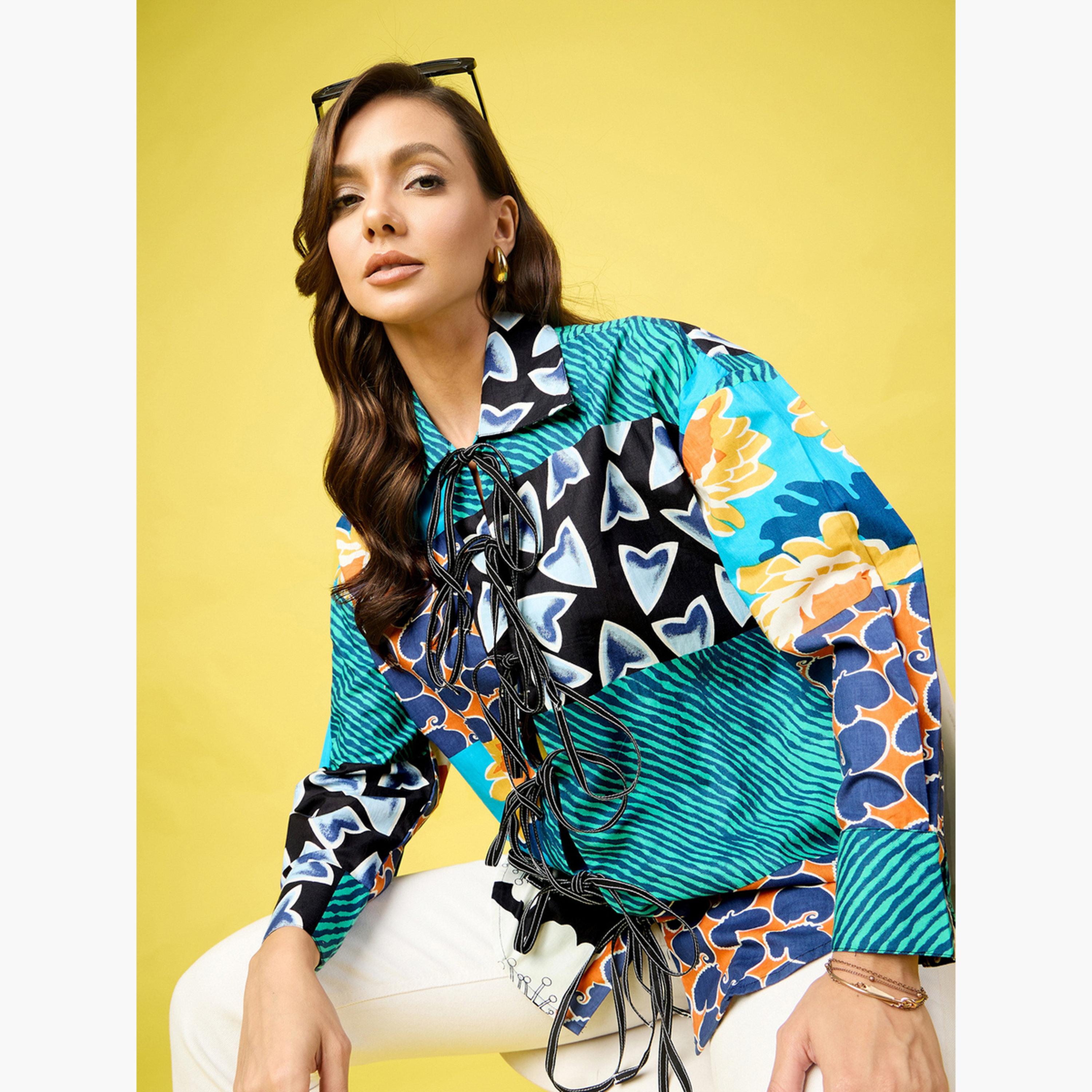 اب تاوني × ستايلي - قميص أخضر طويل مطبوع بالكامل برباط أمامي-women-clothing-shirtsandblouses-blouses-image-5