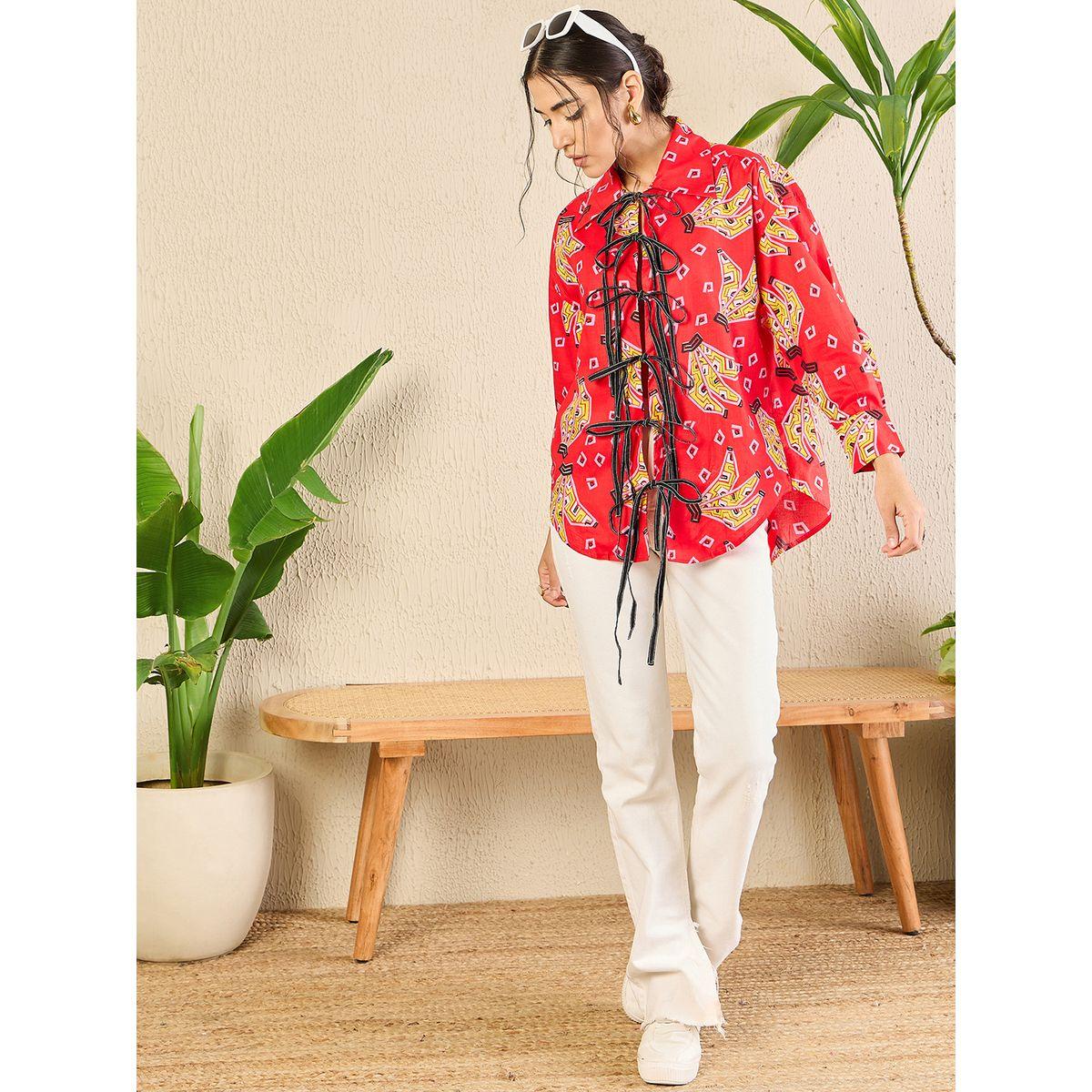 اب تاوني × ستايلي - قميص أحمر طويل مطبوع بالكامل برباط أمامي للنساء-women-clothing-shirtsandblouses-shirts-image-1