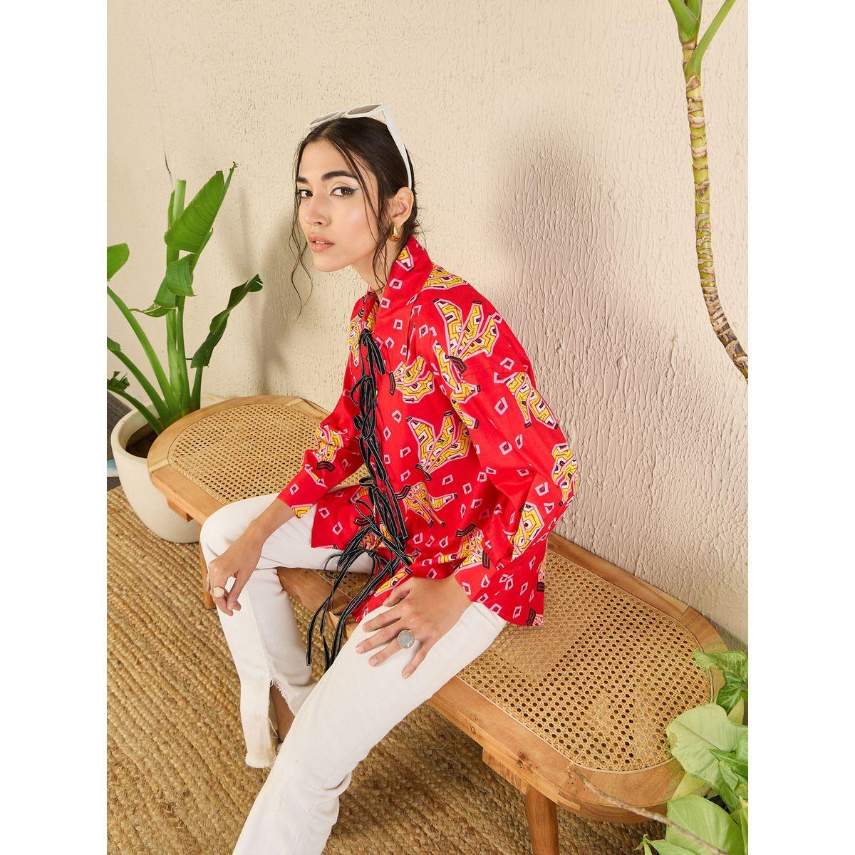 اب تاوني × ستايلي - قميص أحمر طويل مطبوع بالكامل برباط أمامي للنساء-women-clothing-shirtsandblouses-shirts-image-2