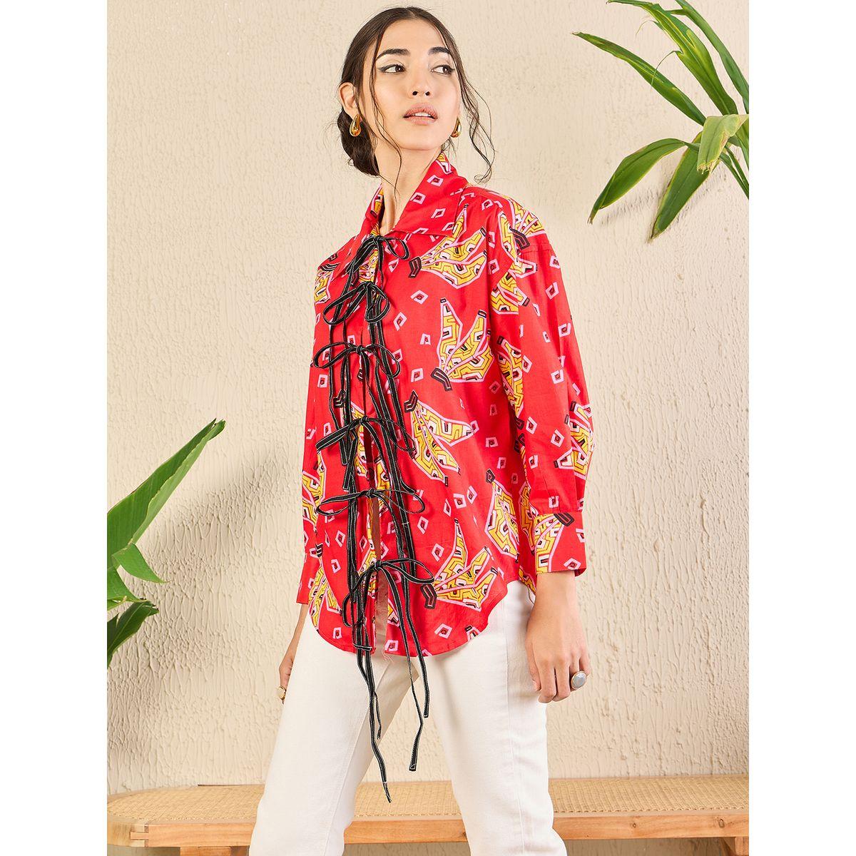 اب تاوني × ستايلي - قميص أحمر طويل مطبوع بالكامل برباط أمامي للنساء-women-clothing-shirtsandblouses-shirts-image-3