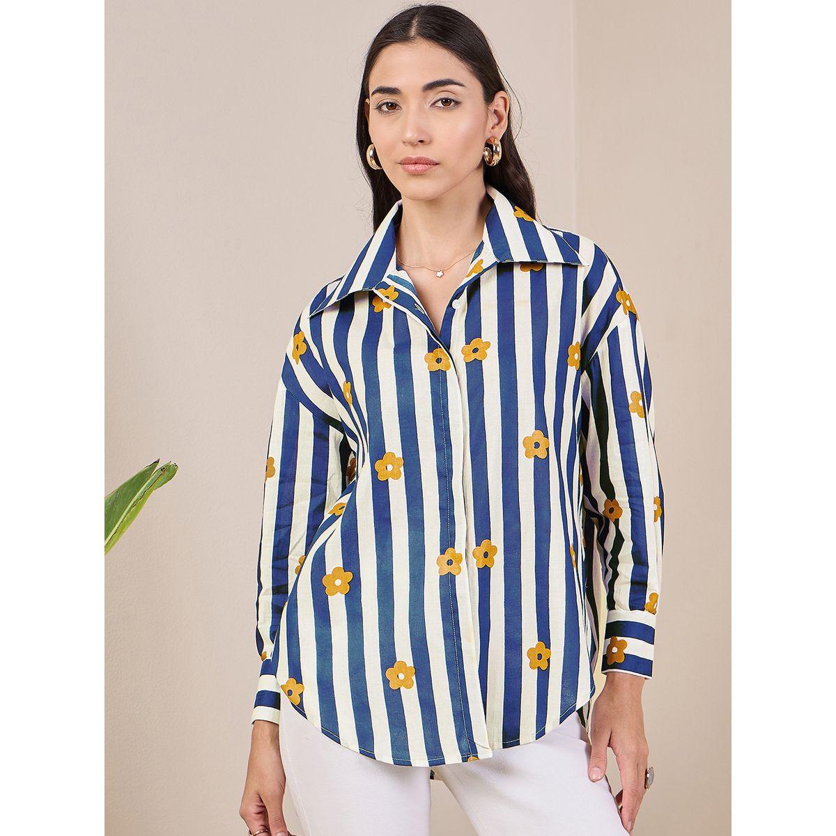 اب تاوني × ستايلي - قميص مخطط أزرق داكن بأكمام طويلة للنساء-women-clothing-shirtsandblouses-shirts-image-1