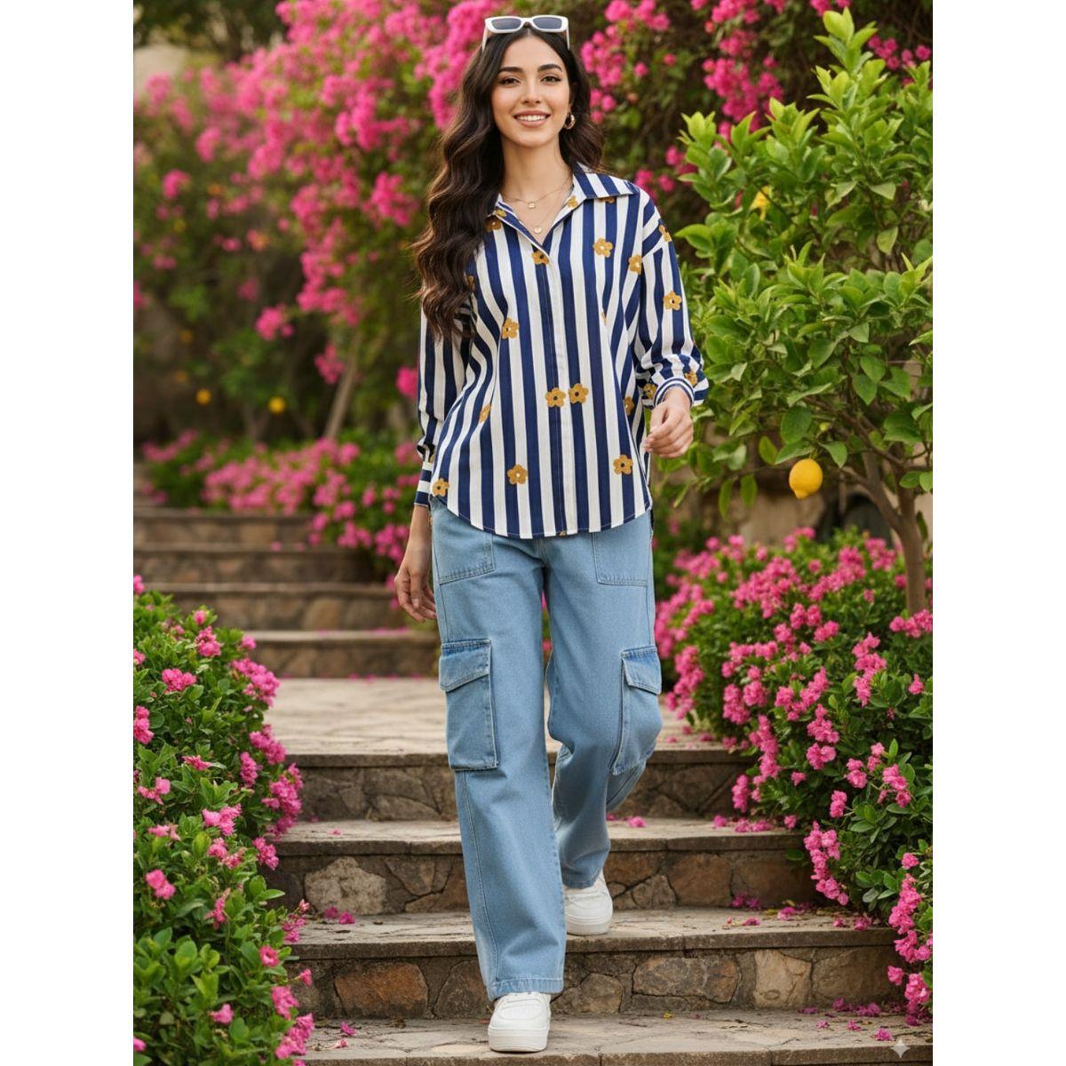 اب تاوني × ستايلي - قميص مخطط أزرق داكن بأكمام طويلة للنساء-women-clothing-shirtsandblouses-shirts-image-7