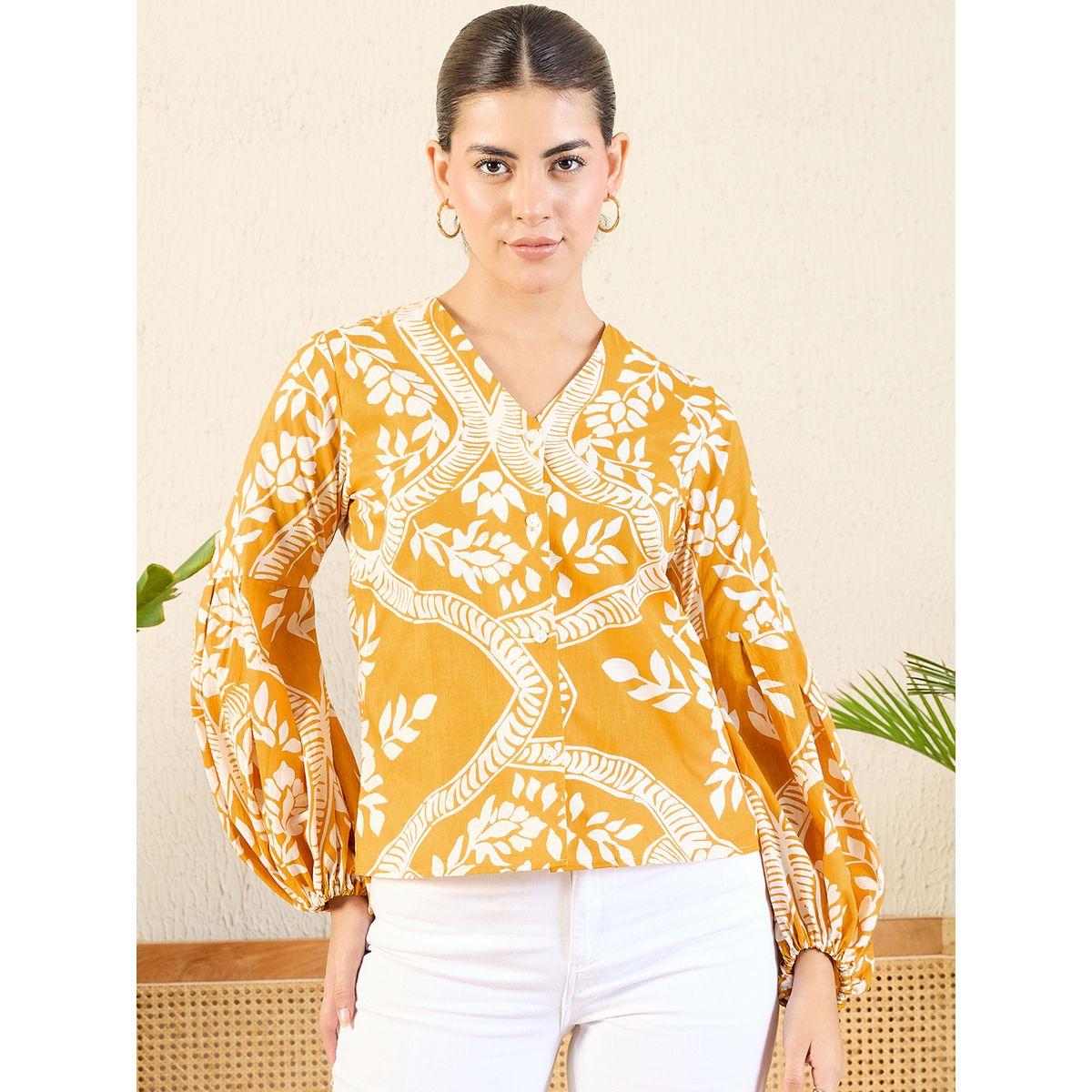 Uptownie X Styli Women Orange Floral Print Shirt with Balloon Sleeves-women-clothing-shirtsandblouses-shirts-image-1