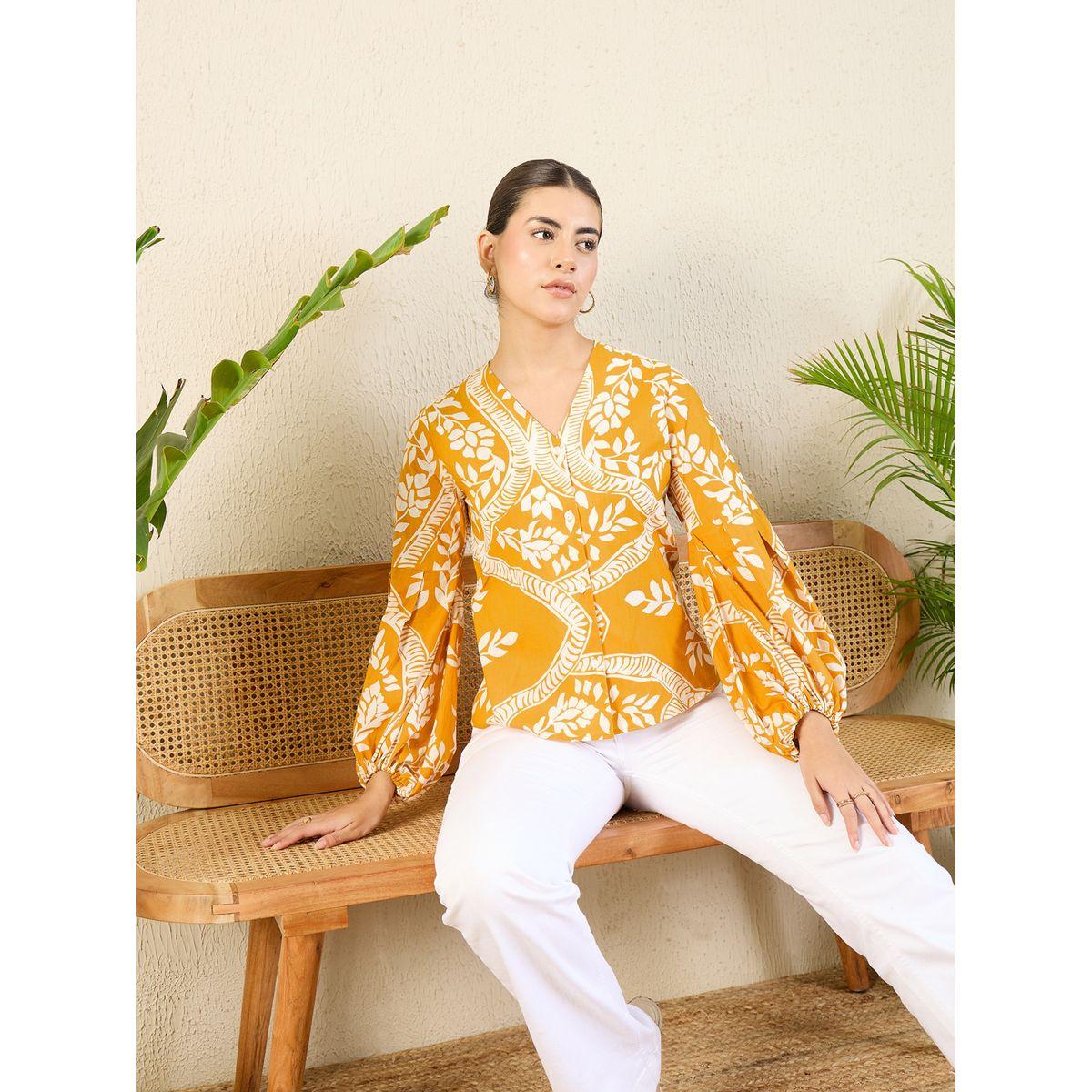 Uptownie X Styli Women Orange Floral Print Shirt with Balloon Sleeves-women-clothing-shirtsandblouses-shirts-image-2